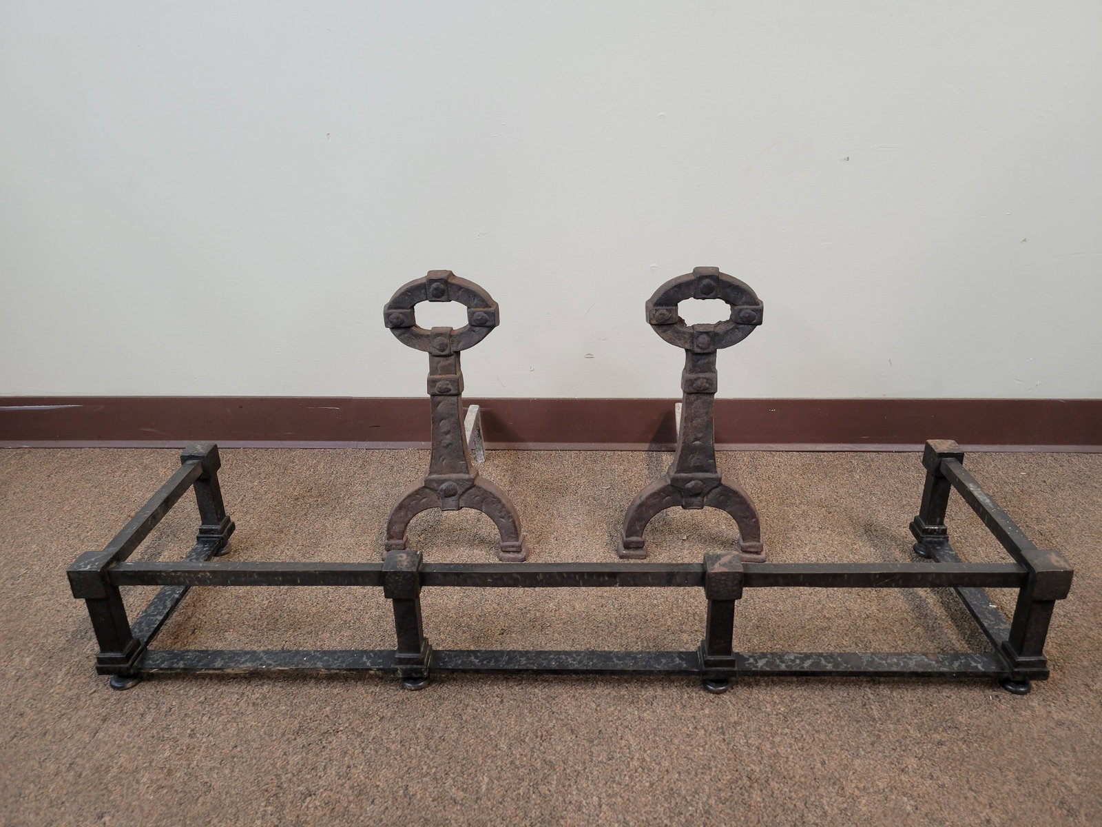 Fireplace Fender & Andirons: Fender 42 1/4" wide X 12" deep X 7" high. Andirons 8" wide X 13" deep X 17" high. All pcs has some finish loss and rust. IMPORTANT: Before bidding, please read the terms and conditions. When you regis