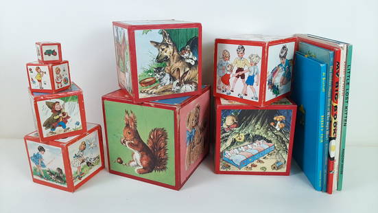 14 Vintage Children's Books and Nesting Boxes: Books includes Babar's Fair by Laurent de Brunhoff copyright 1954, Who Says Hoo? by Murray Tinkleman, My Big Book and Scotty's Room by Betty Ren Wright copyright 1966, Willy's Silly Glasses by Muriel