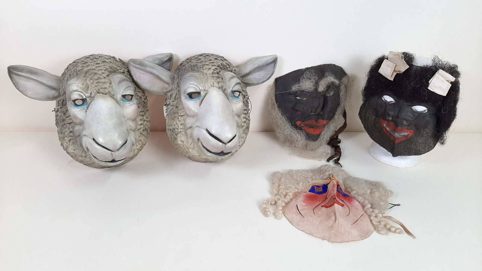 5 Vintage Halloween Masks: 11" to 14-1/2" wide X 9-3/4" to 10-3/4" high. Some cracking to plastic animal masks. IMPORTANT: Before bidding, please read the terms and conditions. When you registered for the auction you agreed to 