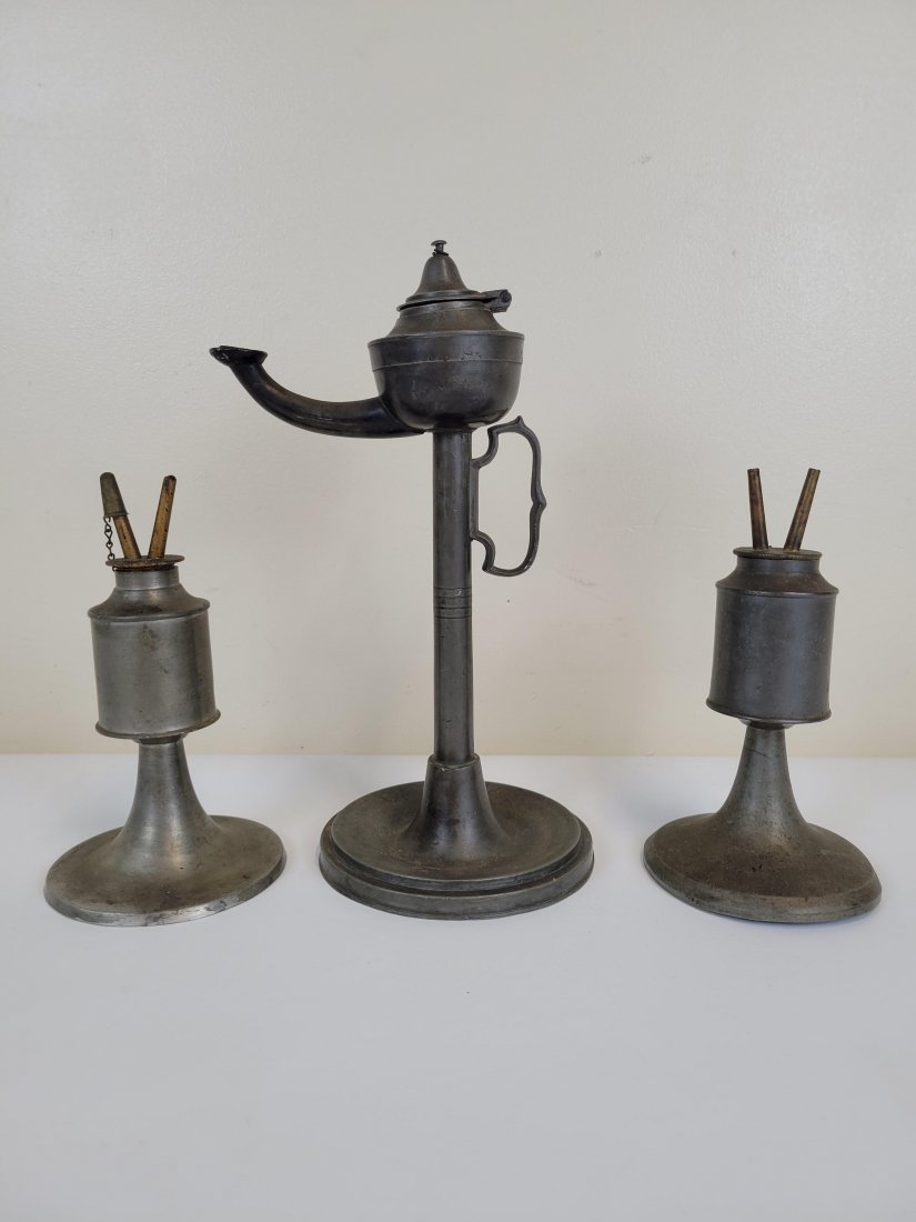3 Antique Whale Oil Lamps: 7" to 11" tall. Tallest stamped under base. Others unmarked. IMPORTANT: Before bidding, please read the terms and conditions. When you registered for the auction you agreed to these terms and will be 