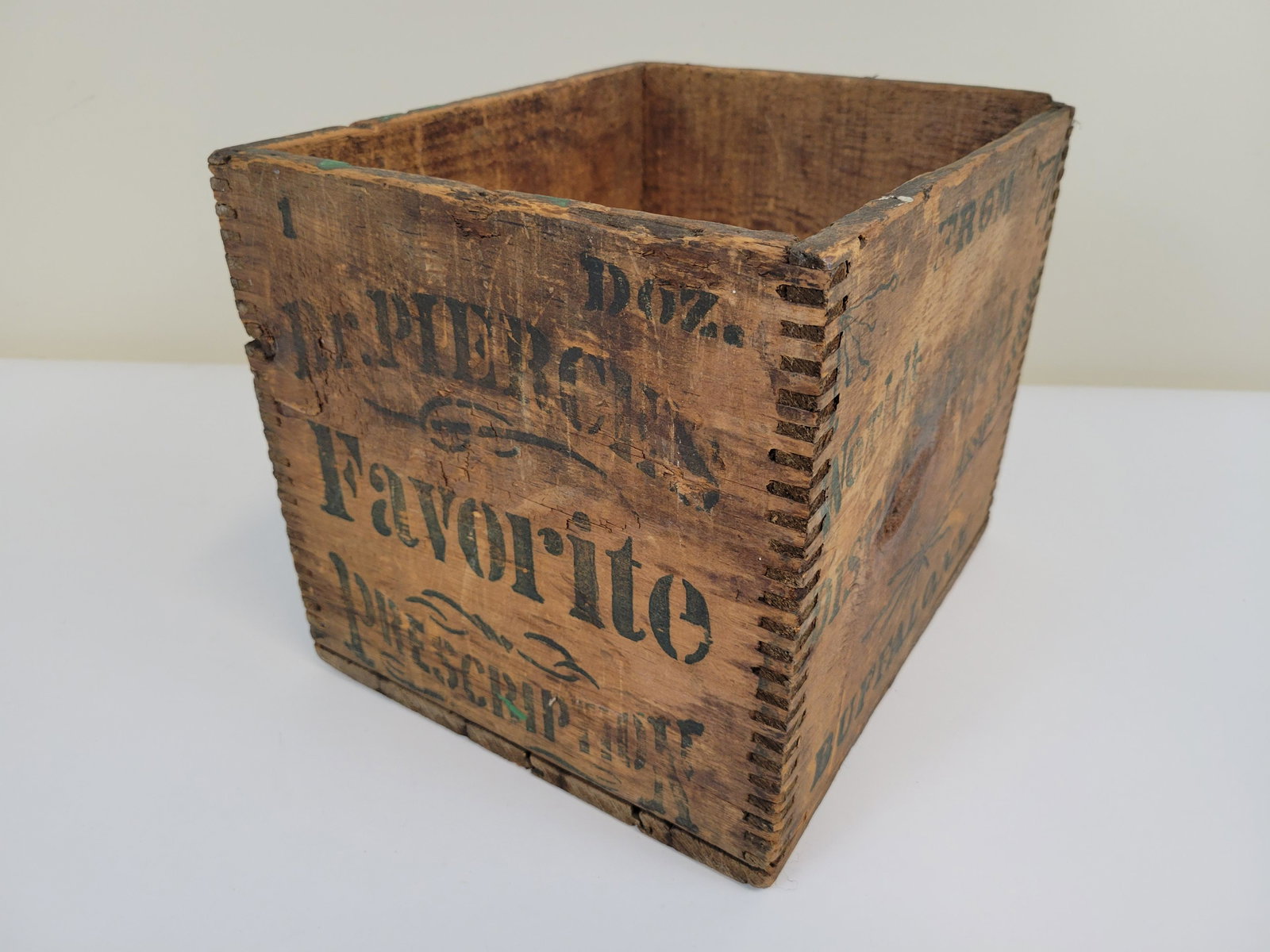Dr. Pierces Favorite Prescription Crate: 11 1/4" wide X 9 1/2" deep X 9 1/4" high. IMPORTANT: Before bidding, please read the terms and conditions. When you registered for the auction you agreed to these terms and will be required to comply 