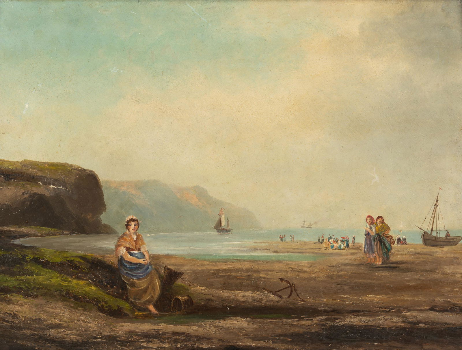 William Collins (English, 1788-1847): DESCRIPTION: William Collins (English, 1788-1847). Oil on board. Coastal scene with townspeople. Signed lower left. MEASUREMENTS: 23" wide x 17" high; overall with frame 25-1/8" wide x 19" high. CONDI