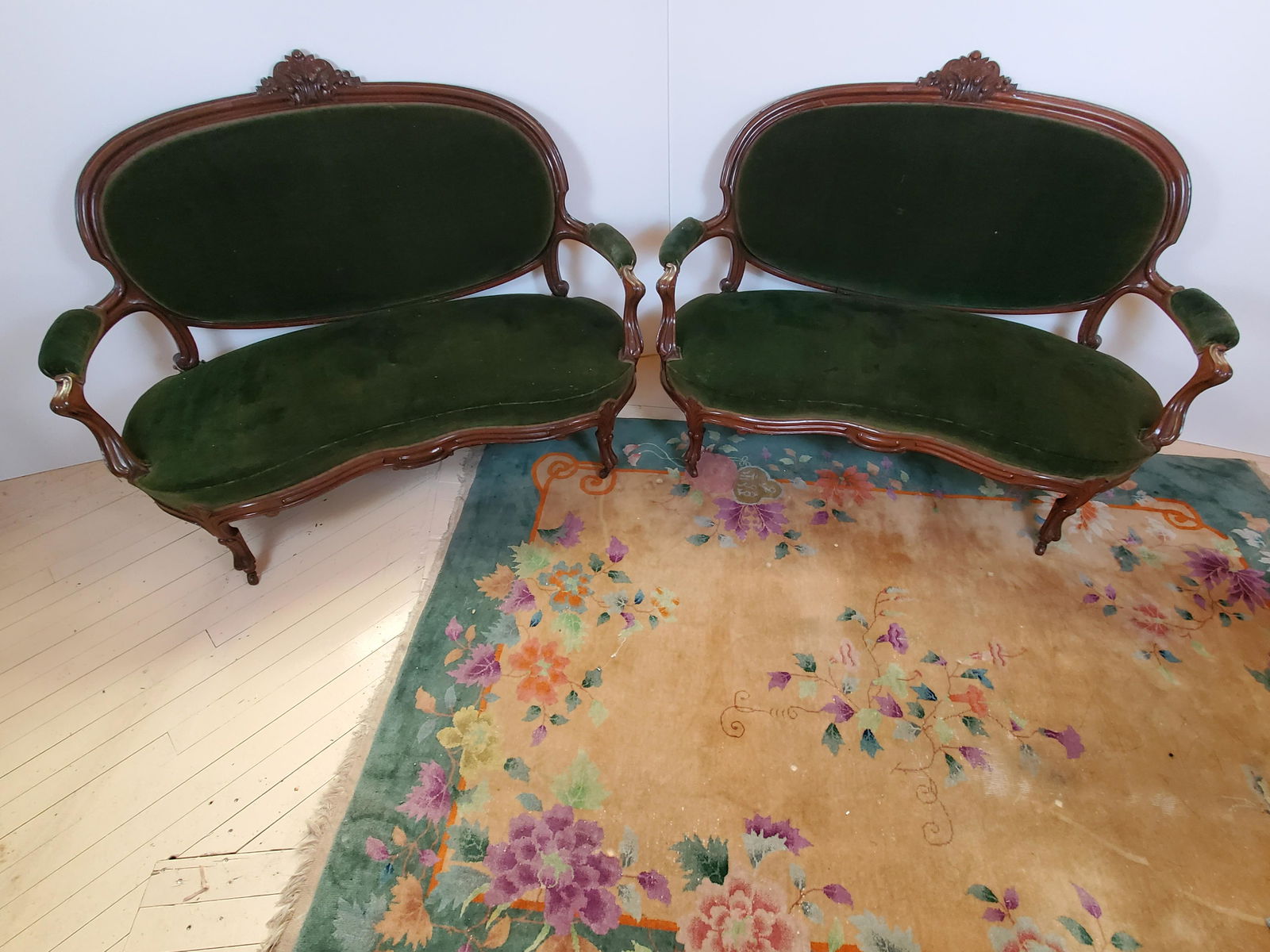 Pair Of Victorian Settees: 19th Century. 58" wide X 26 1/4" deep X 42 1/2" high. IMPORTANT: Before bidding, please read the terms and conditions. When you registered for the auction you agreed to these terms and will be require