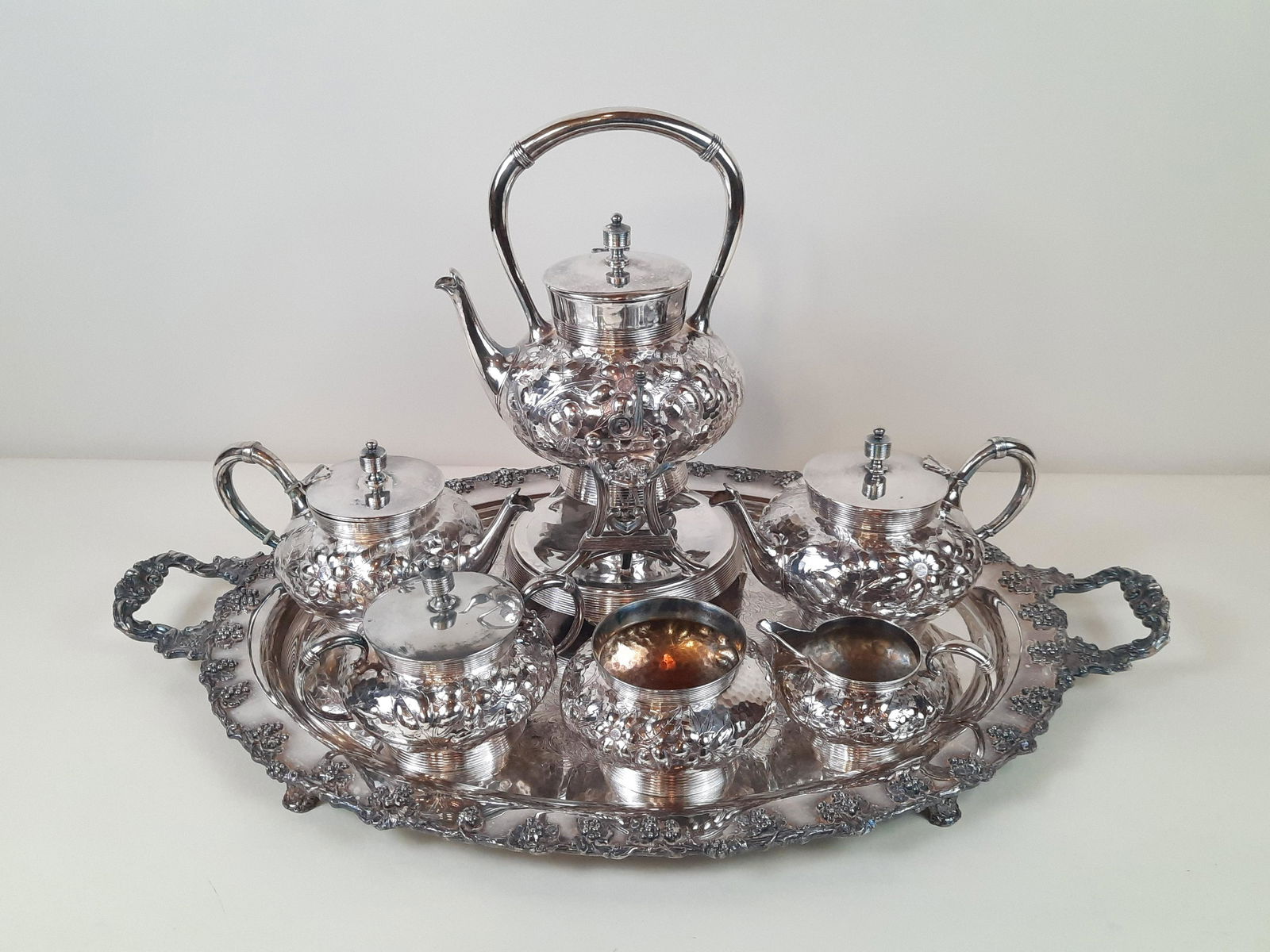 5 Pc John Carrow Silverplate Repousse Tea Service (1 of 5)