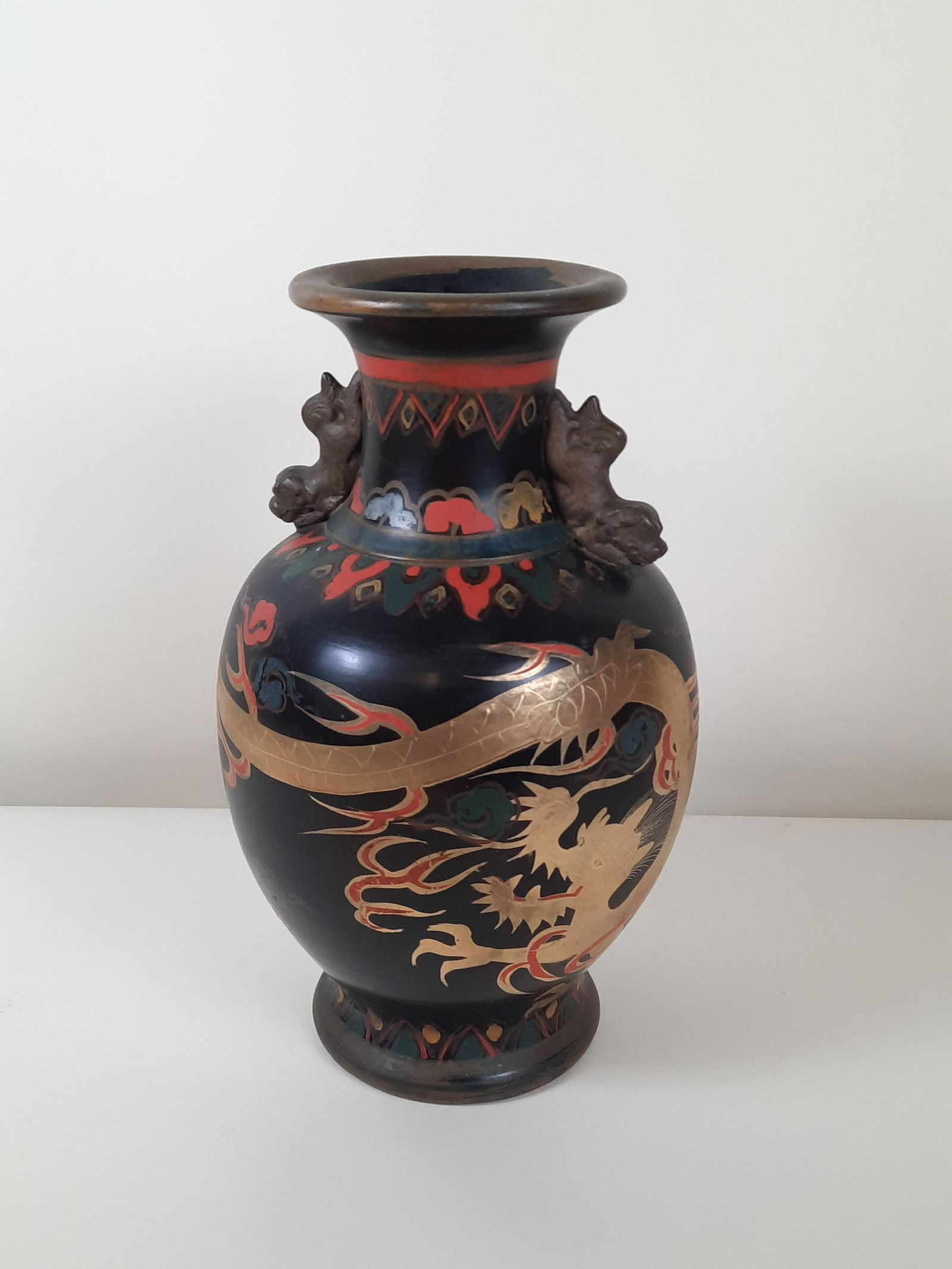 Metal Japanese Dragon Vase w/ Foo Dog Handles (1 of 5)