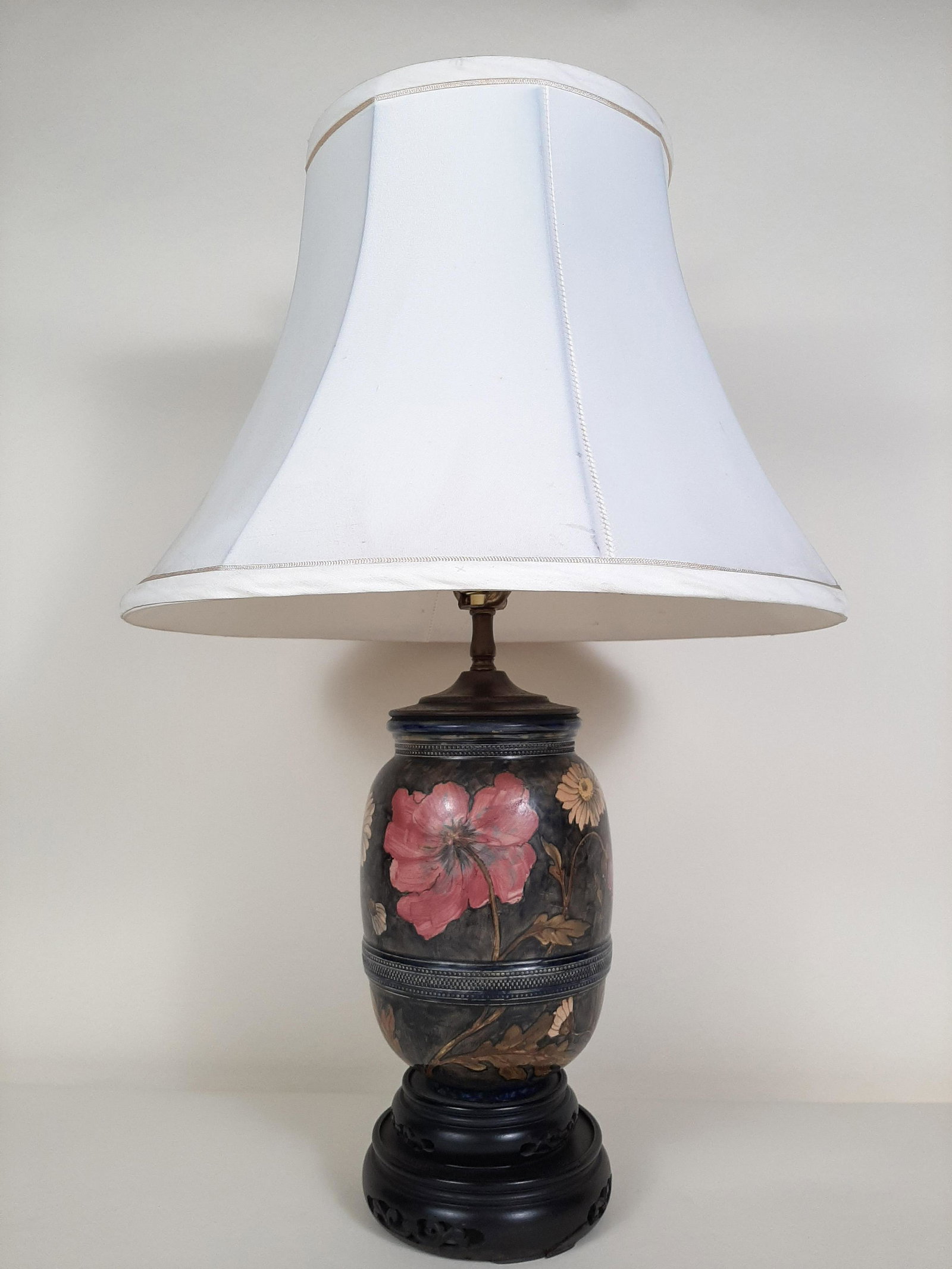 Ceramic Table Lamp: 26" high. Shade: 15-1/2" diameter. Some losses to wooden base. IMPORTANT: Before bidding, please read the terms and conditions. When you registered for the auction you agreed to these terms and will b