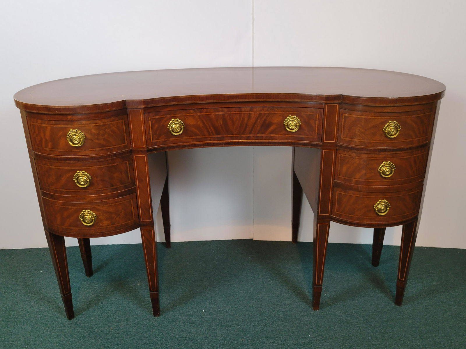 7 Drawer Kidney Flame Mahogany Desk with Inlay (1 of 4)