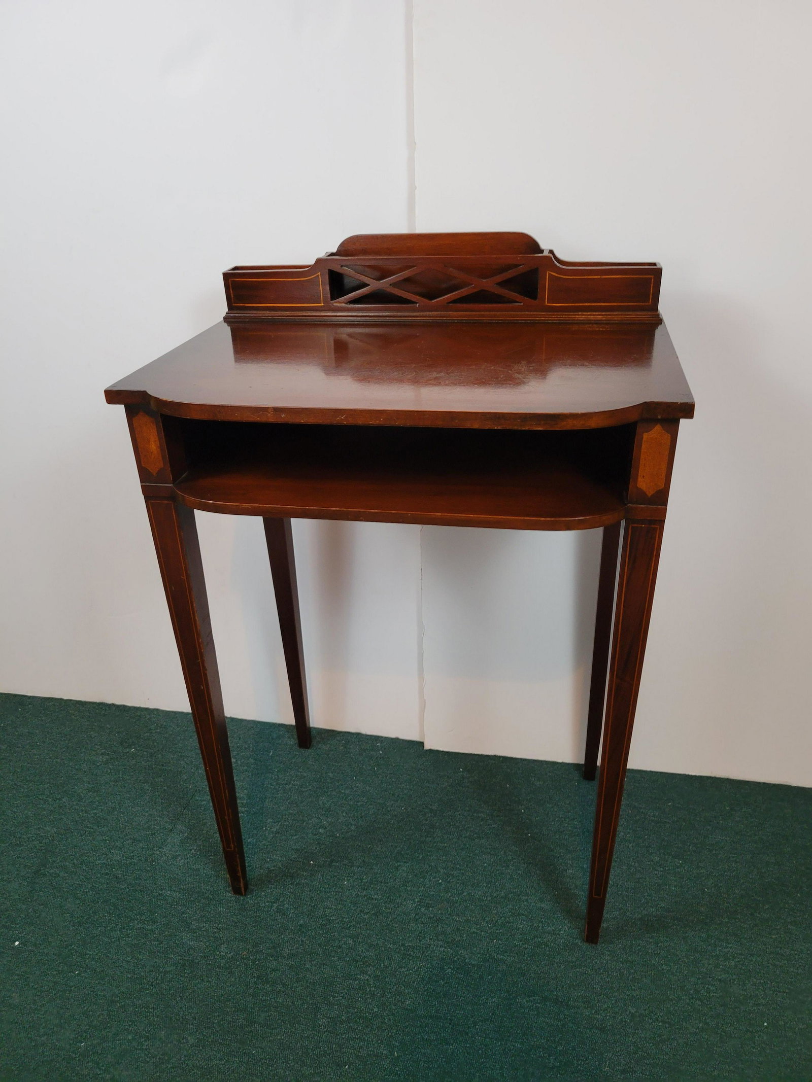Writing Desk: 22" wide X 15 1/2" deep X 33" high. IMPORTANT: Before bidding, please read the terms and conditions. When you registered for the auction you agreed to these terms and will be required to comply with t