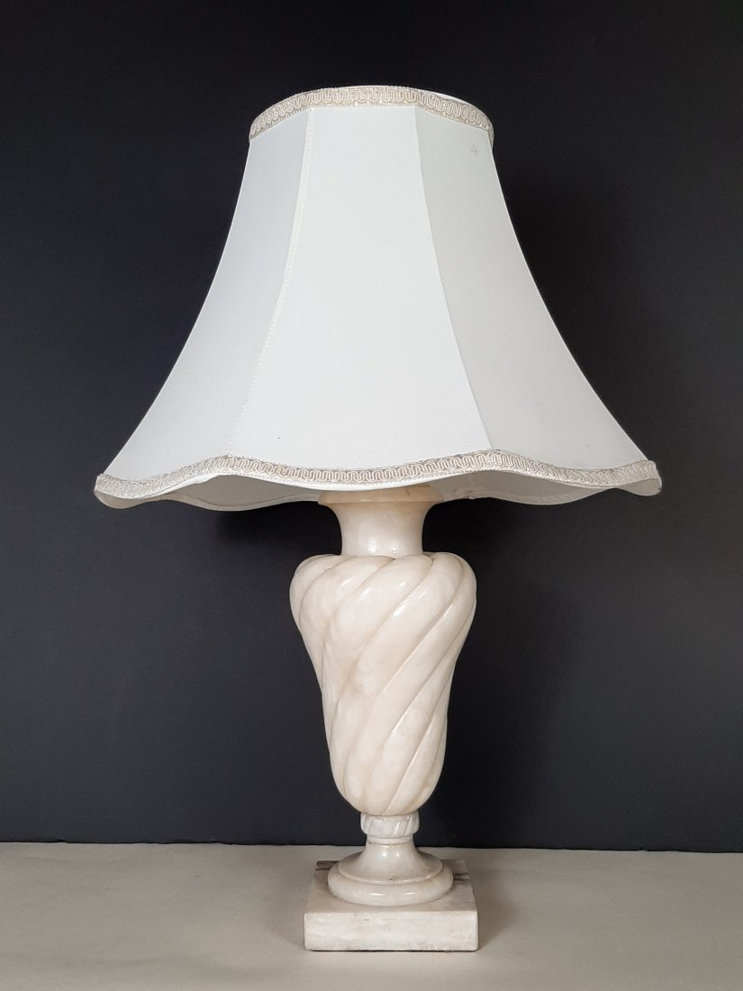 Alabaster Table Lamp: 28" high. Shade: 18" diameter IMPORTANT: Before bidding, please read the terms and conditions. When you registered for the auction you agreed to these terms and will be required to comply with them.