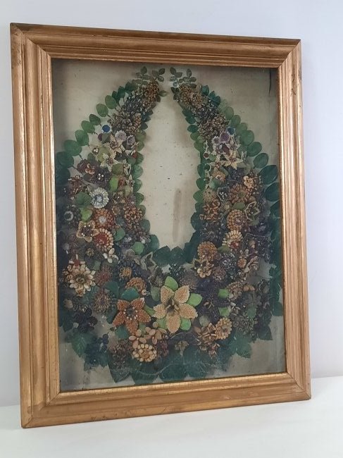 Antique Wreath in Shadow Box: Overall with frame 32-1/2" high x 25-1/2" wide. IMPORTANT: Before bidding, please read the terms and conditions. When you registered for the auction you agreed to these terms and will be required to c