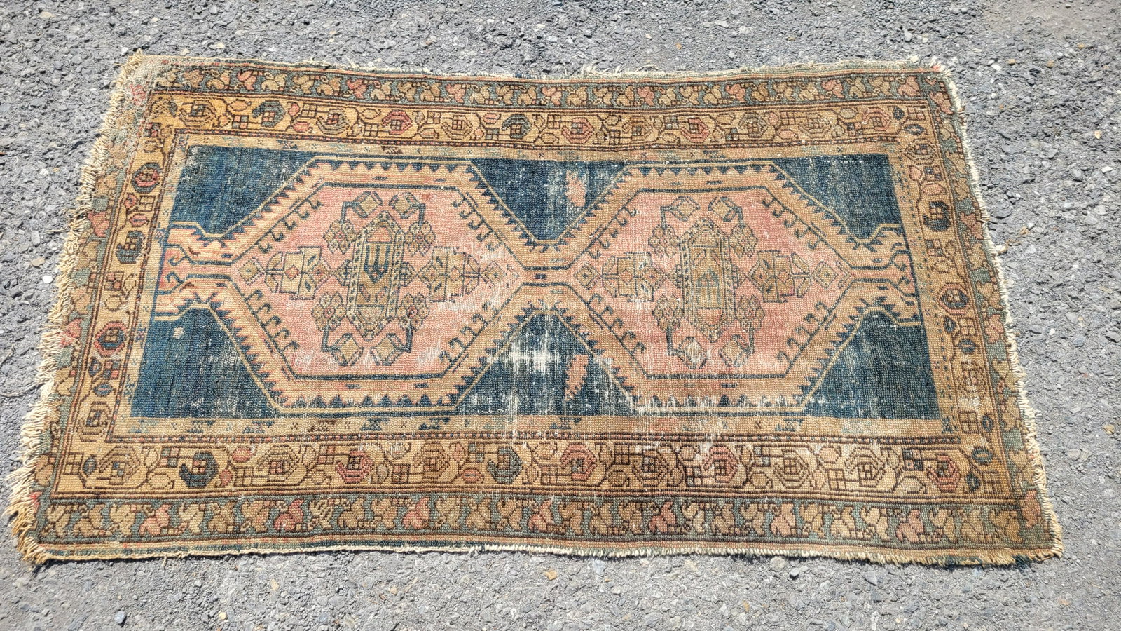 Persian Hamedan Area Rug: Tribal pattern set in a blue field with red and beige highlights. First half of 20th century. 5'8" X 3'5". Has heavy wear. IMPORTANT: Before bidding, please read the terms and conditions. When you reg