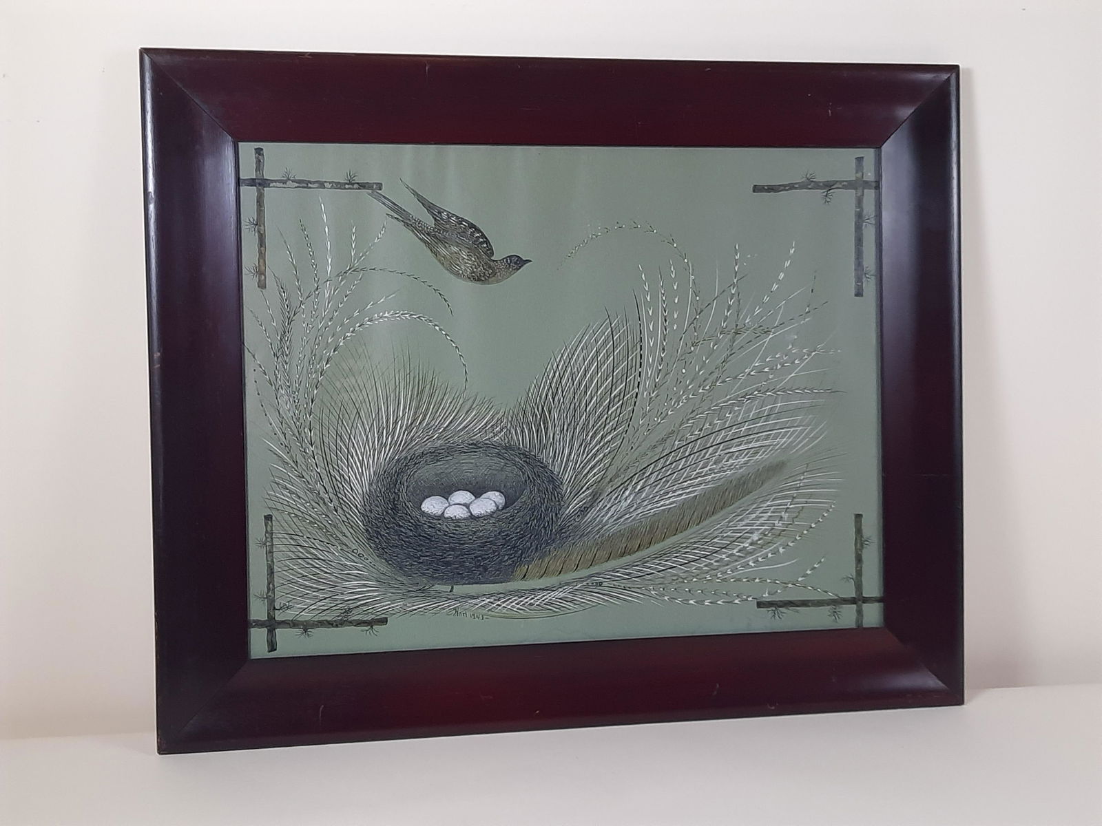 19th C Hart Bird with Egg Nest Calligraphy Drawing (1 of 4)