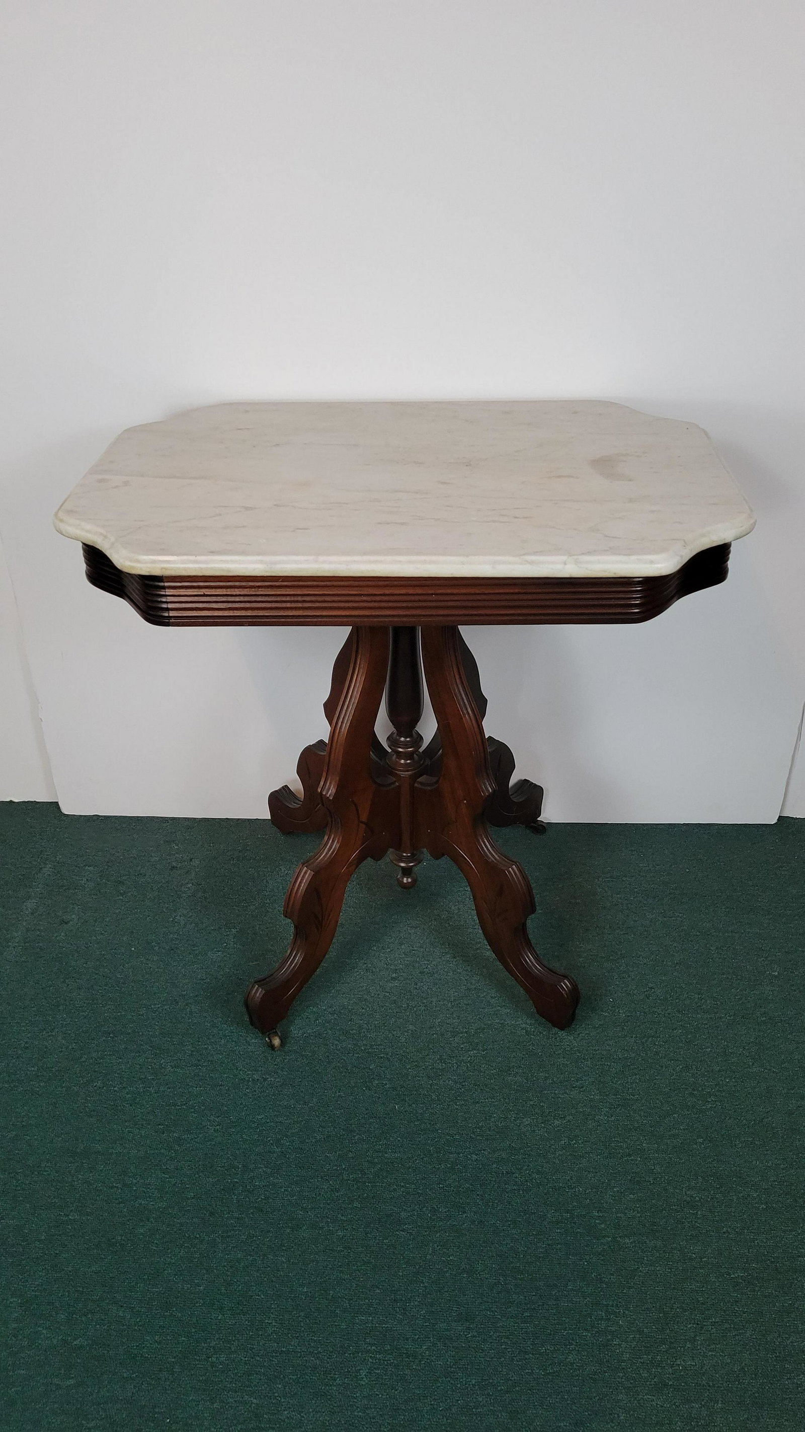 Marble Top Side Table: 29" wide X 20" deep X 29" high. IMPORTANT: Before bidding, please read the terms and conditions. When you registered for the auction you agreed to these terms and will be required to comply with them.