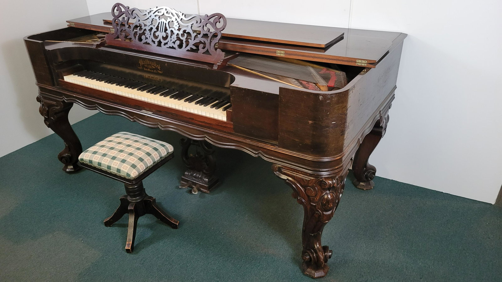 Mathushek Orchestral Piano: 81 1/4" wide X 39" deep X 44 1/2" high. IMPORTANT: Before bidding, please read the terms and conditions. When you registered for the auction you agreed to these terms and will be required to comply wi