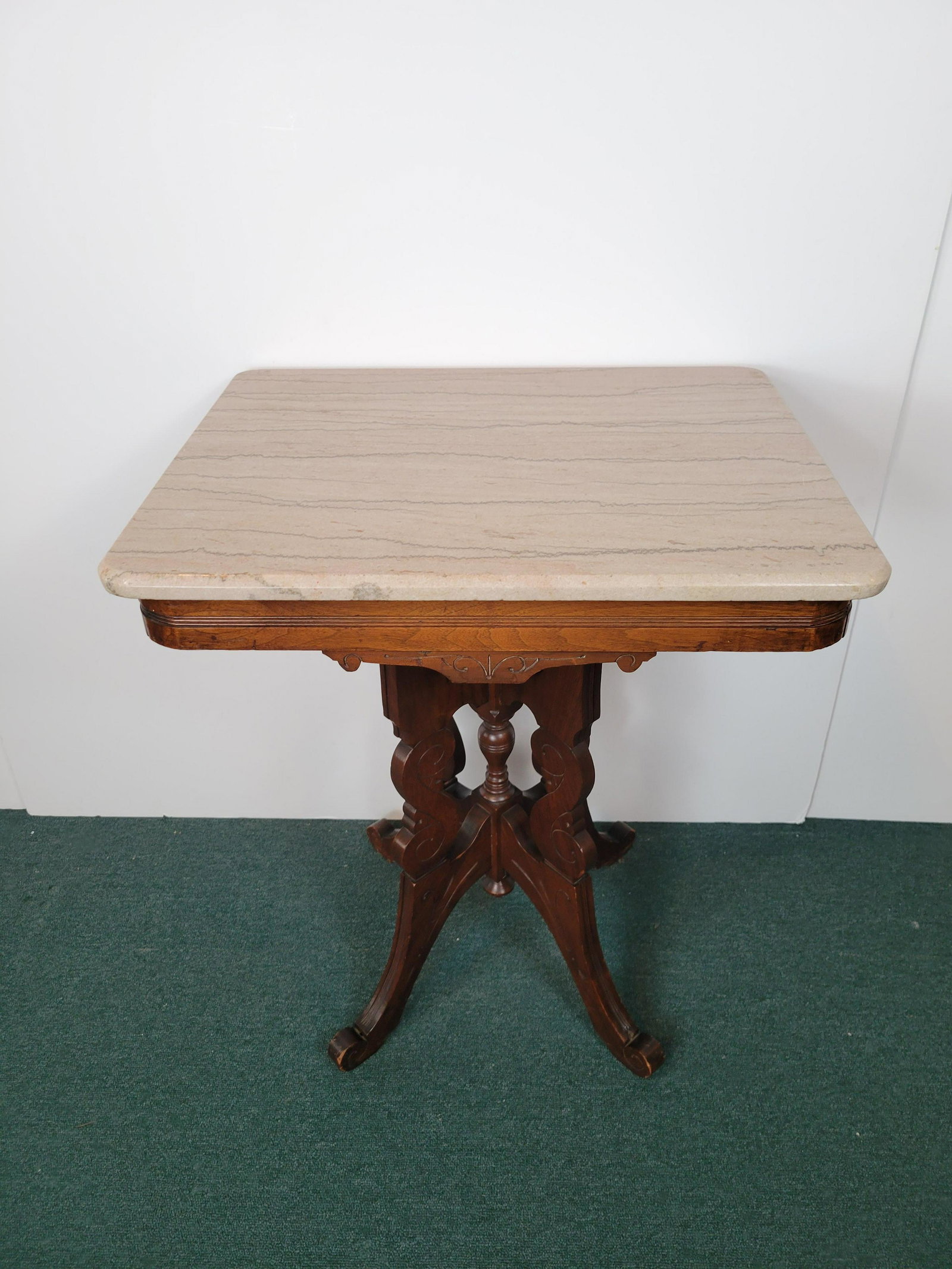 Marble Top Side Table: 24" wide X 19 1/4" deep X 28 3/4" high. IMPORTANT: Before bidding, please read the terms and conditions. When you registered for the auction you agreed to these terms and will be required to comply wi