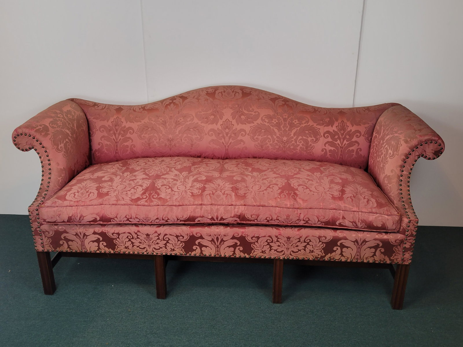 Chippendale Style Biggs Sofa: 83" wide X 30" deep X 35 1/2" high. Has some tears in fabric. IMPORTANT: Before bidding, please read the terms and conditions. When you registered for the auction you agreed to these terms and will be