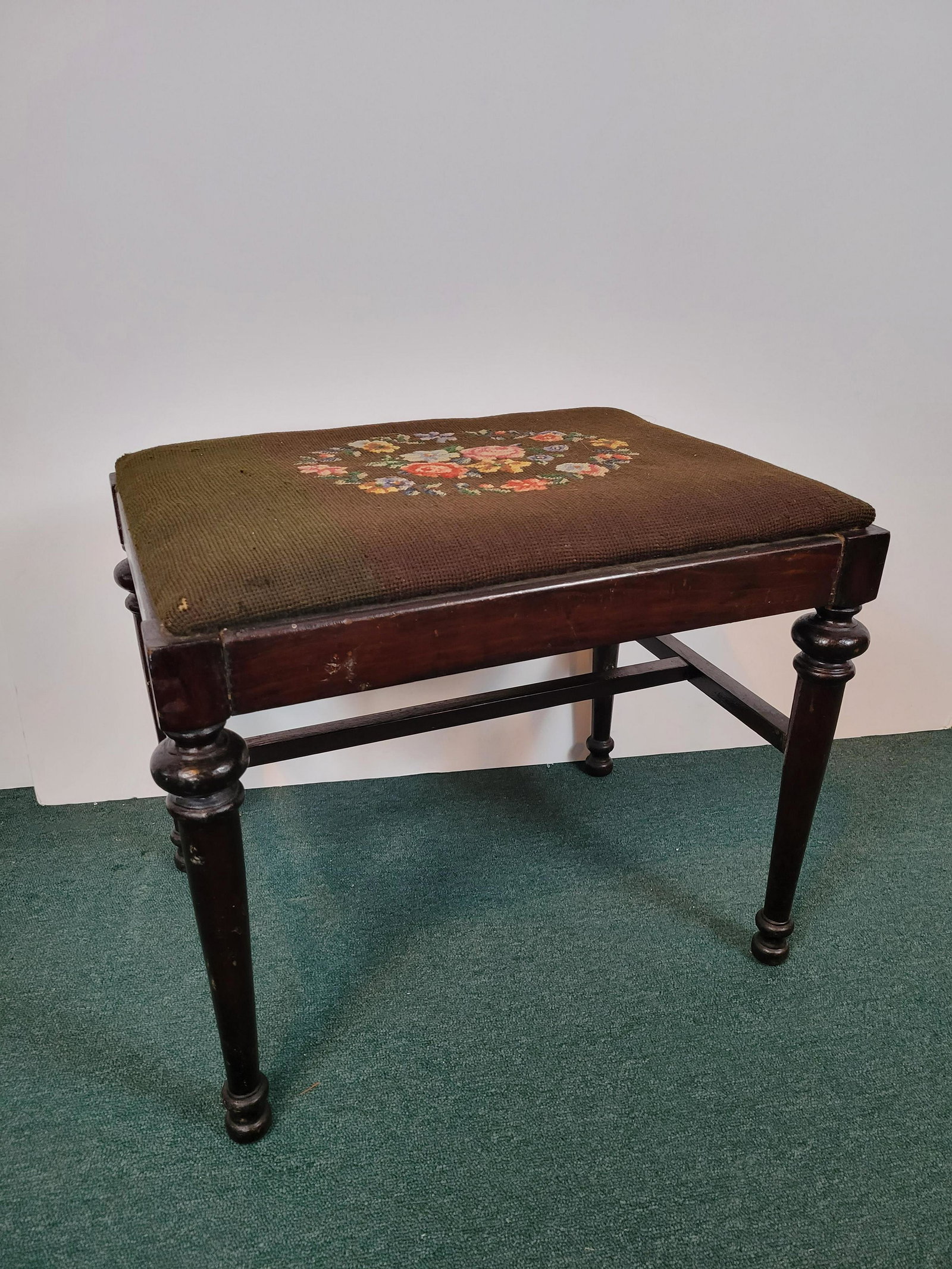 Needle Point Bench: 22" wide X 16" deep X 19" high. Wood has some scratches and finish loss. IMPORTANT: Before bidding, please read the terms and conditions. When you registered for the auction you agreed to these terms 