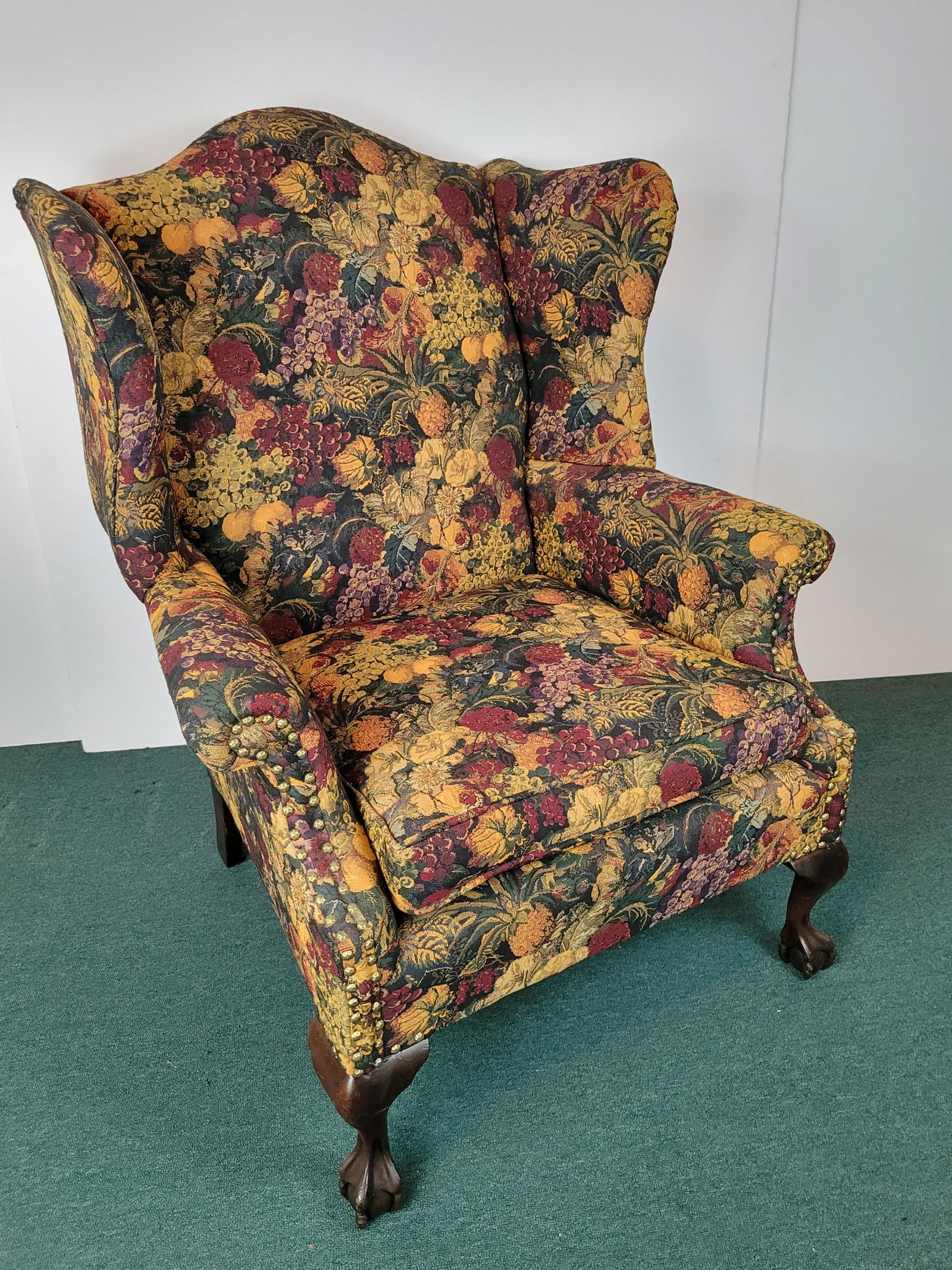 Fruit Print Wing Back Chair: 32" wide X 29 1/2" deep X 41" high. IMPORTANT: Before bidding, please read the terms and conditions. When you registered for the auction you agreed to these terms and will be required to comply with t