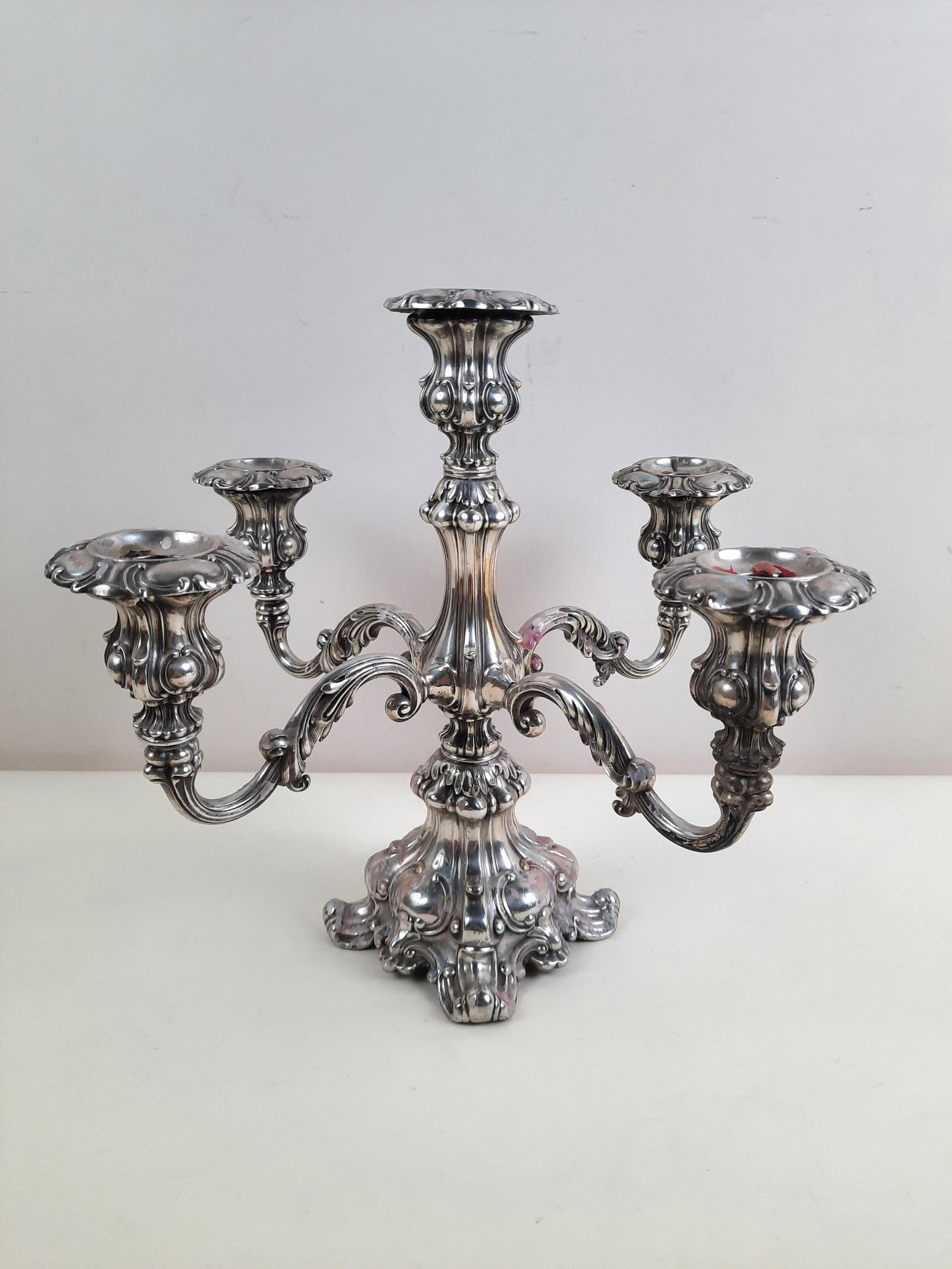 WM Rogers Candelabra: 11-1/4" wide x 11-1/4" deep x 12-3/4" high. Candle residue on surface. IMPORTANT: Before bidding, please read the terms and conditions. When you registered for the auction you agreed to these terms an