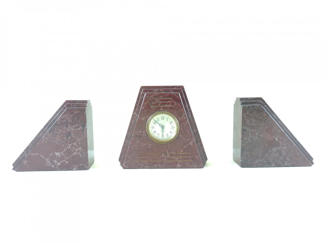 Marble Clock with Matching Book Ends: Clock: 6" High x 6-3/4" Wide. Book Ends: 5" High x 5-1/2" Wide. IMPORTANT: Before bidding, please read the terms and conditions. When you registered for the auction you agreed to these terms and will