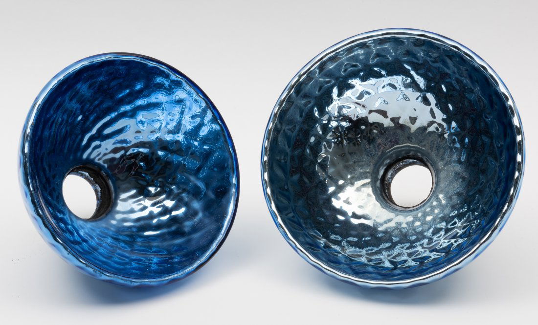 2 Mercury Glass Lamp Shades: 6" high x 2-1/4" diameter, and 5-1/2" high x 2-1/8" diameter. Areas of wear. IMPORTANT: Before bidding, please read the terms and conditions. When you registered for the auction you agreed to these te