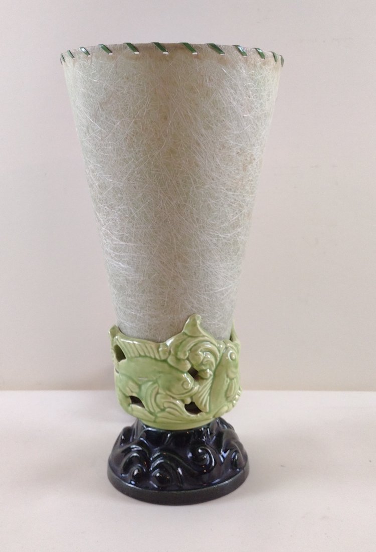 Mid Century Table Lamp with Figural Base: 15-1/2" high x 8" diameter at top. IMPORTANT: Before bidding, please read the terms and conditions. When you registered for the auction you agreed to these terms and will be required to comply with th