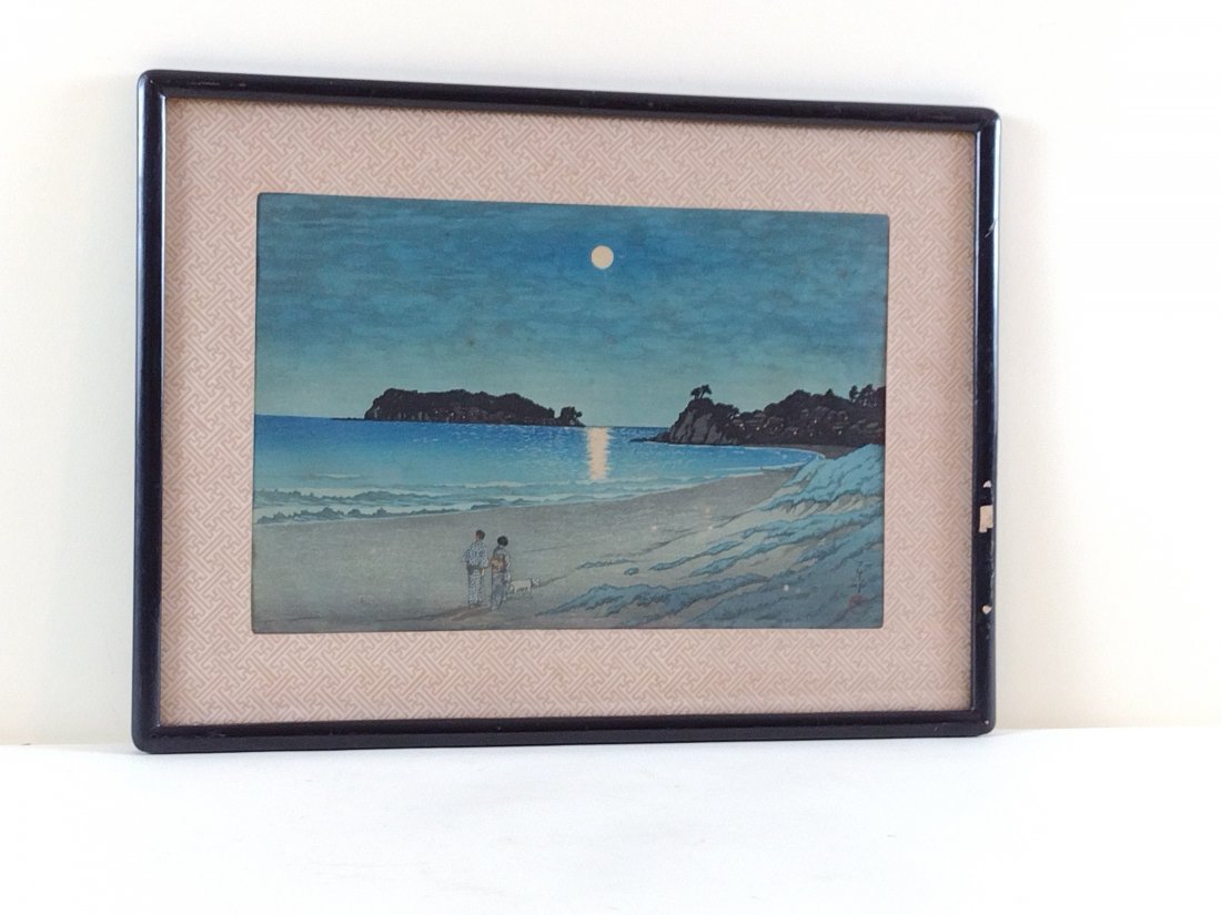 Kawase Hasui Woodblock Print: Moonlight at Shichiriga-hama. Signed. Area of loss to frame. 18-3/4" wide x 12" high. IMPORTANT: Before bidding, please read the terms and conditions. When you registered for the auction you agreed to