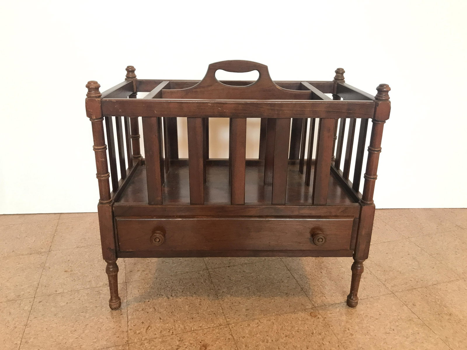 Vintage Magazine Rack: 24” wide x 13-1/2” wide. IMPORTANT: Before bidding, please read the terms and conditions. When you registered for the auction you agreed to these terms and will be required to comply with them.