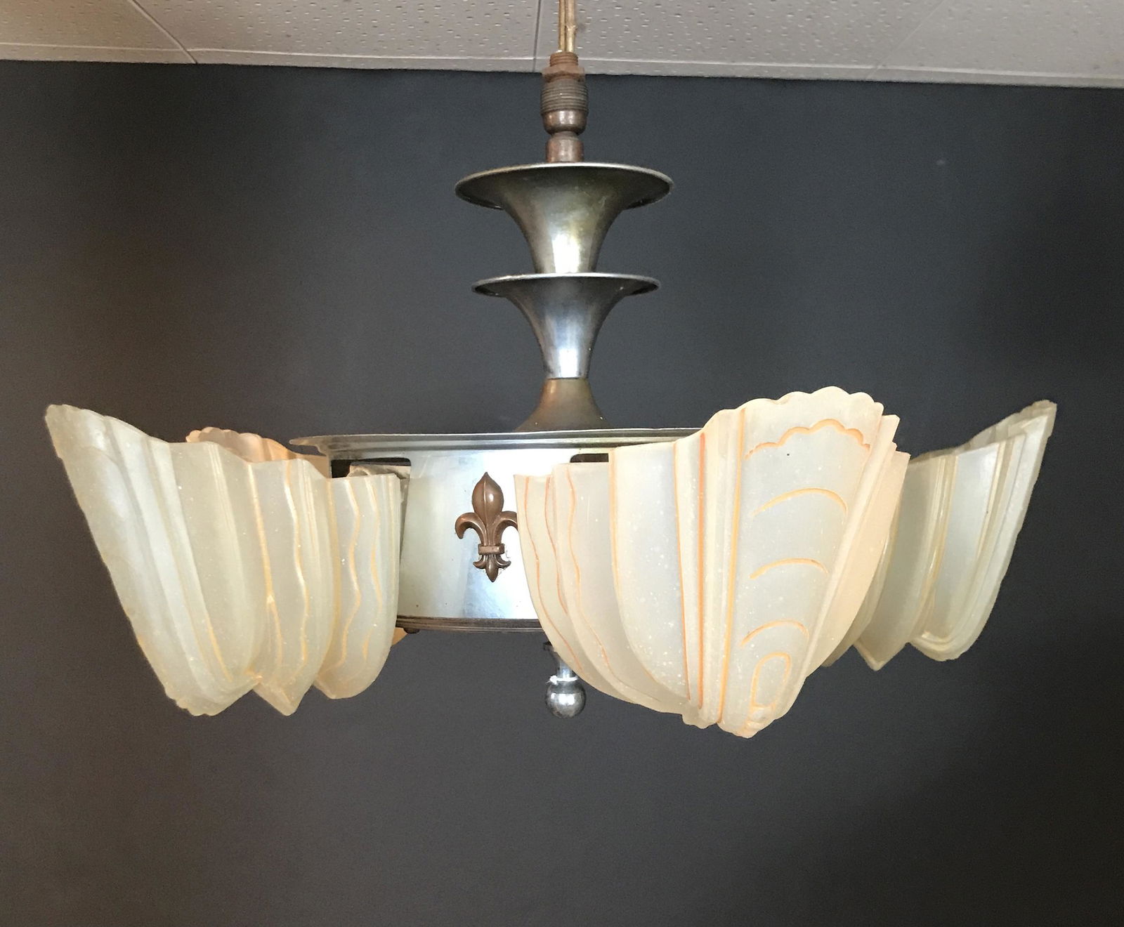 Art Deco Hanging Light with 4 Slip Shades (1 of 4)