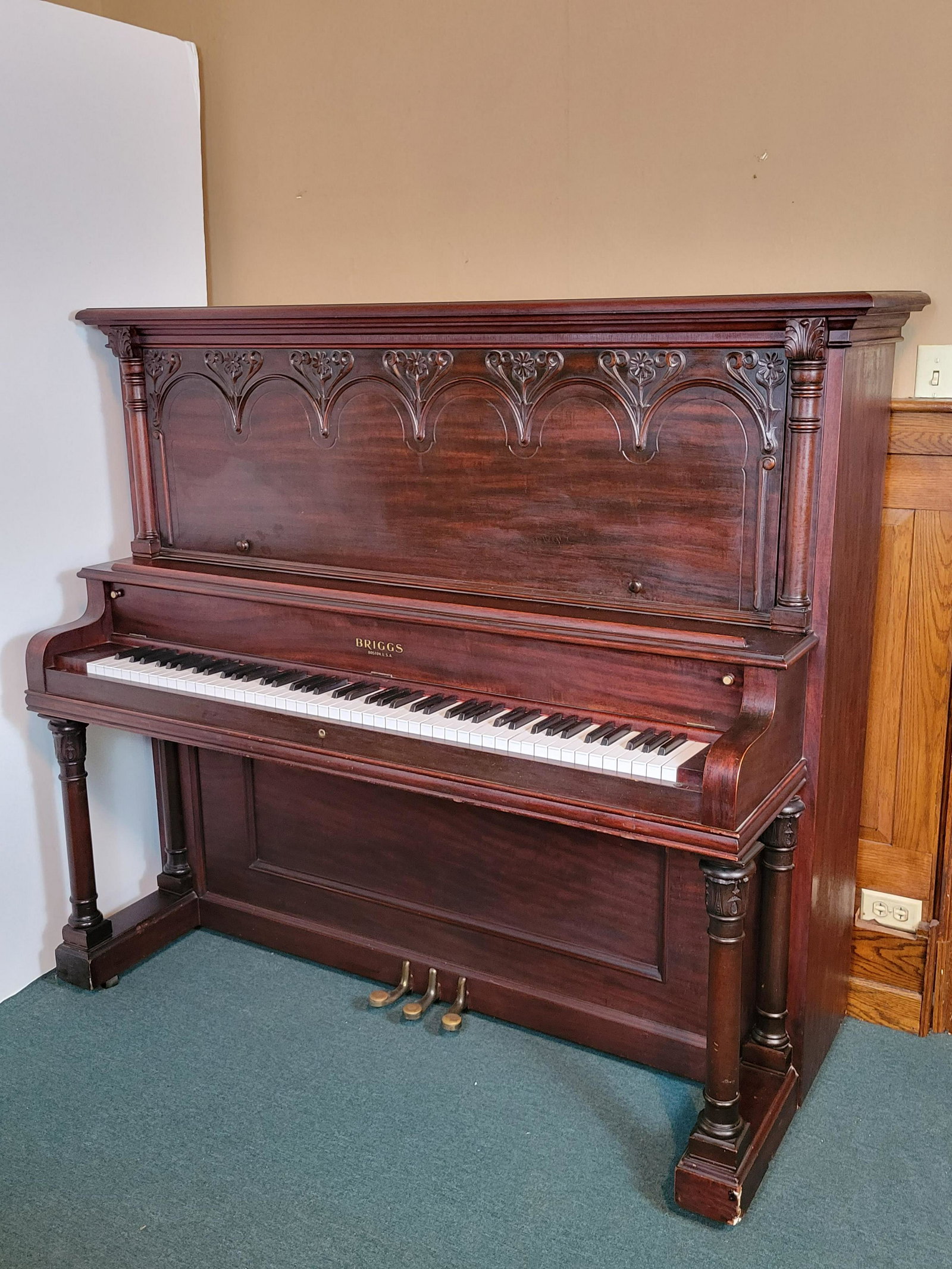 Briggs Piano 26641: 64" wide X 27 1/2" deep X 56 1/2" high. IMPORTANT: Before bidding, please read the terms and conditions. When you registered for the auction you agreed to these terms and will be required to comply wi