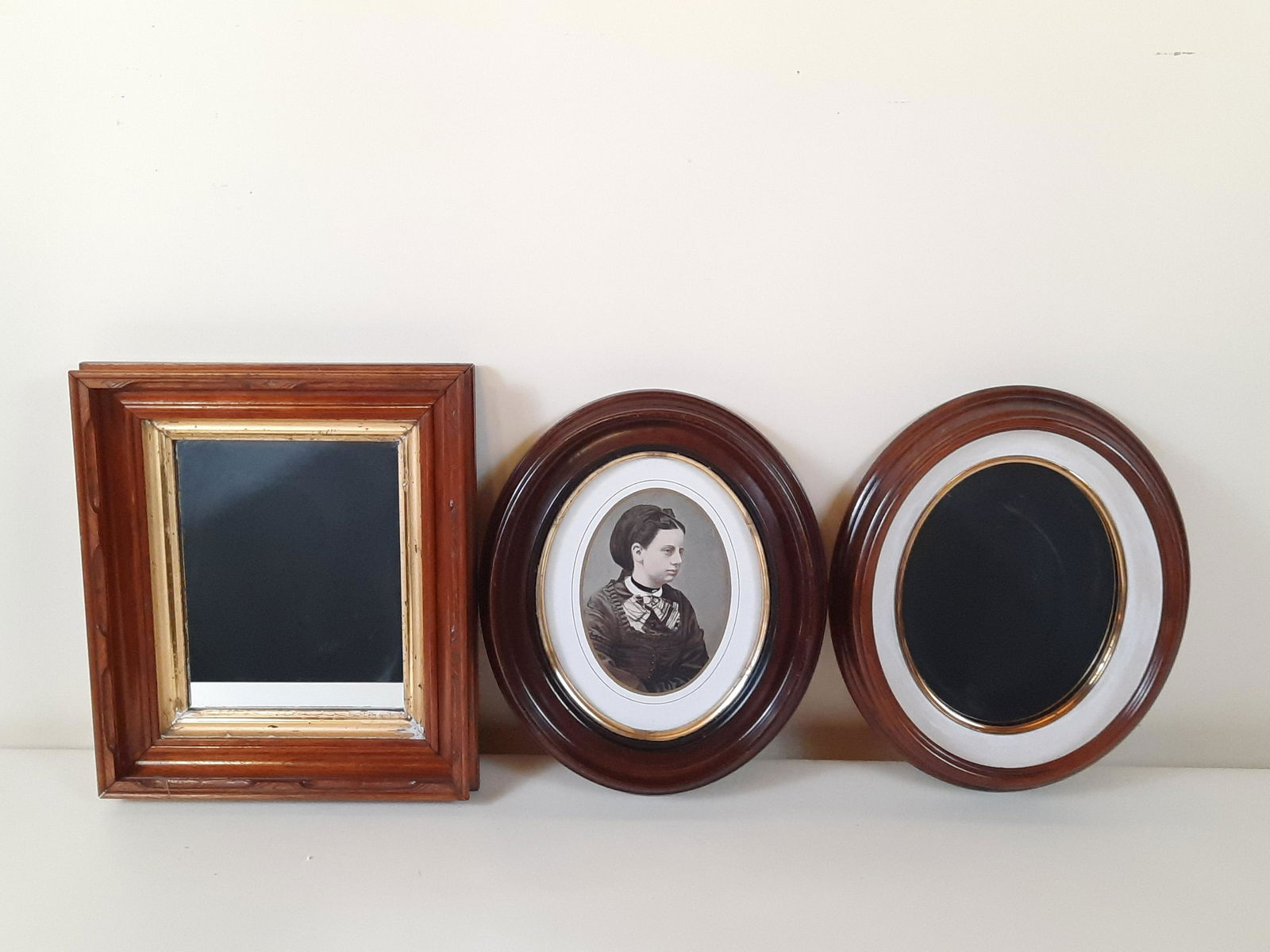 2 Antique Mirrors and Portrait Print: Overall with frames 14-1/2" to 15" high x 11-1/2" to 13" wide. IMPORTANT: Before bidding, please read the terms and conditions. When you registered for the auction you agreed to these terms and will b