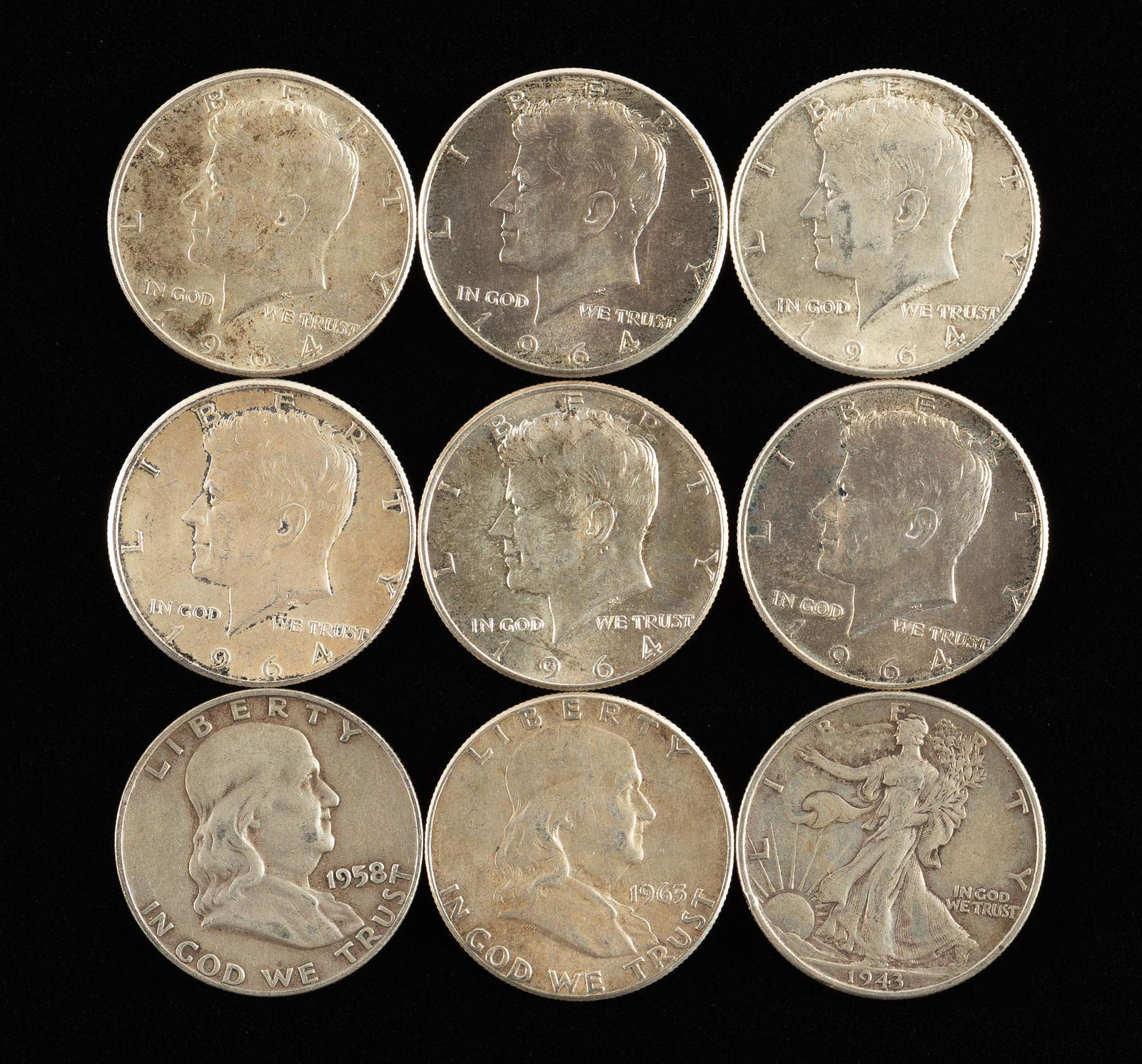 9 U.S. Silver Half Dollars 1943-1964 (1 of 2)