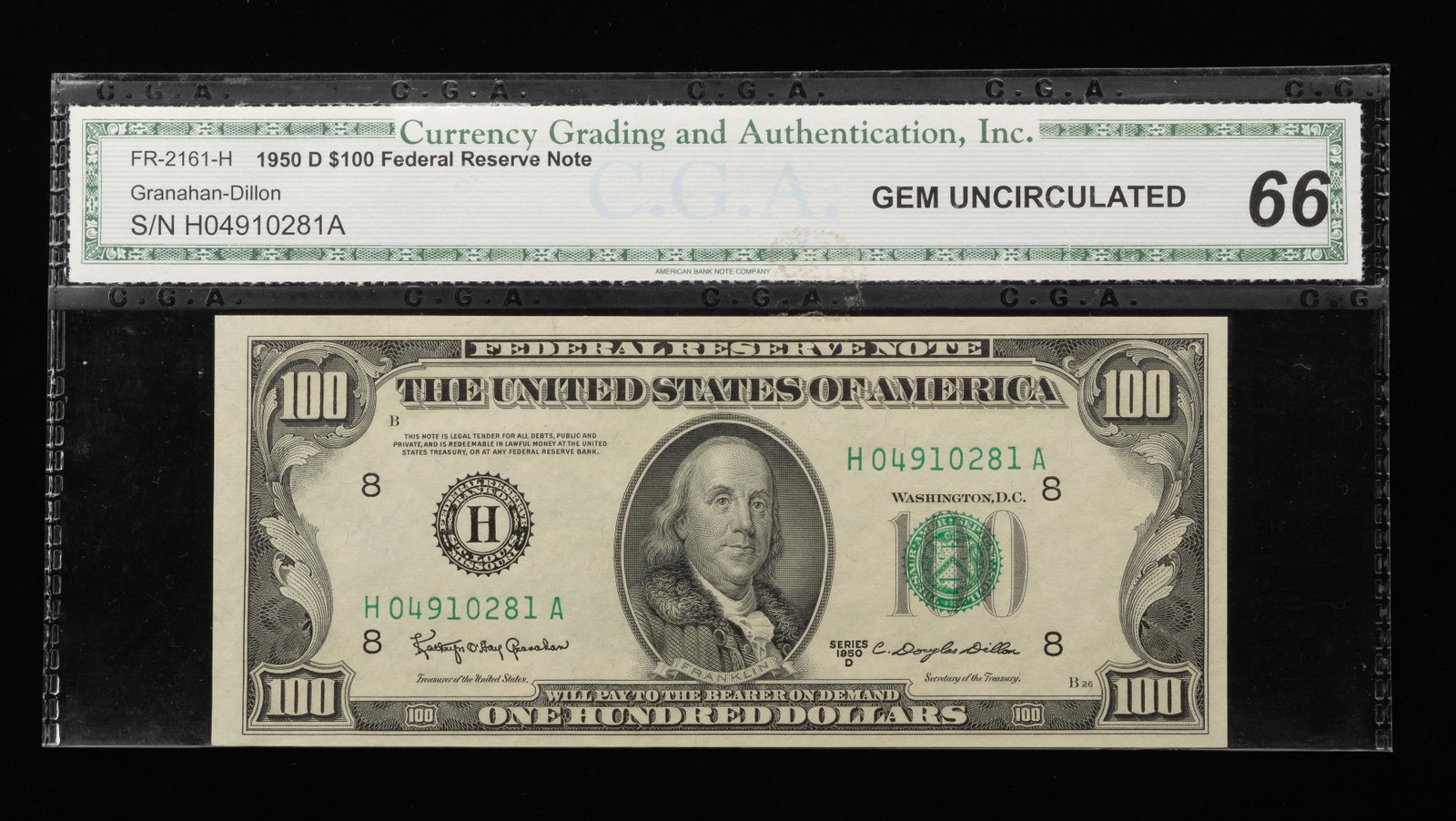C.G.A. G.U. 66 1950D $100 Federal Reserve Note: Gem uncirculated 66. IMPORTANT: Before bidding, please read the terms and conditions. When you registered for the auction you agreed to these terms and will be required to comply with them.