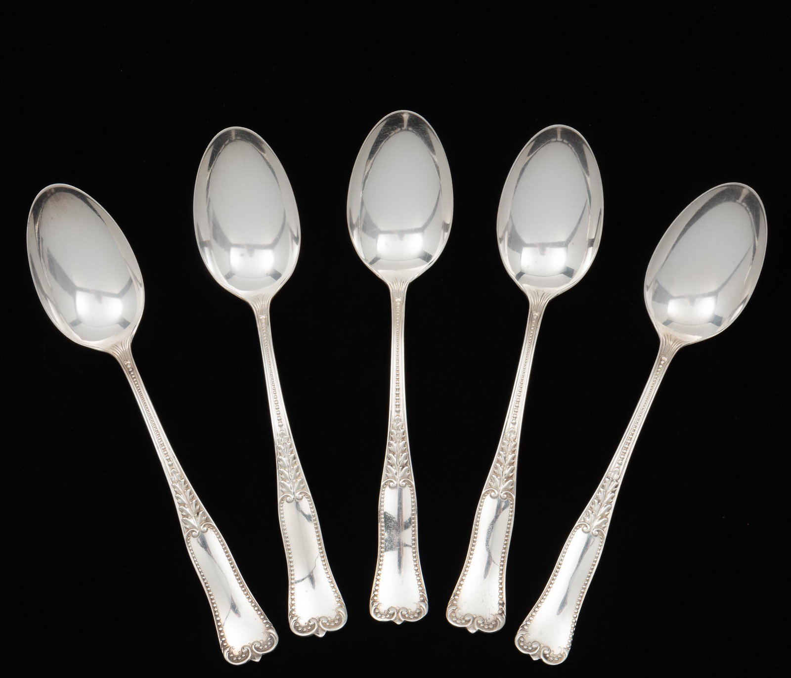 5 Gorham Bristol Sterling Teaspoons: Five Gorham teaspoons in Bristol 1895. 5-5/8" long. 2.3 troy ounces. IMPORTANT: Before bidding, please read the terms and conditions. When you registered for the auction you agreed to these terms and 