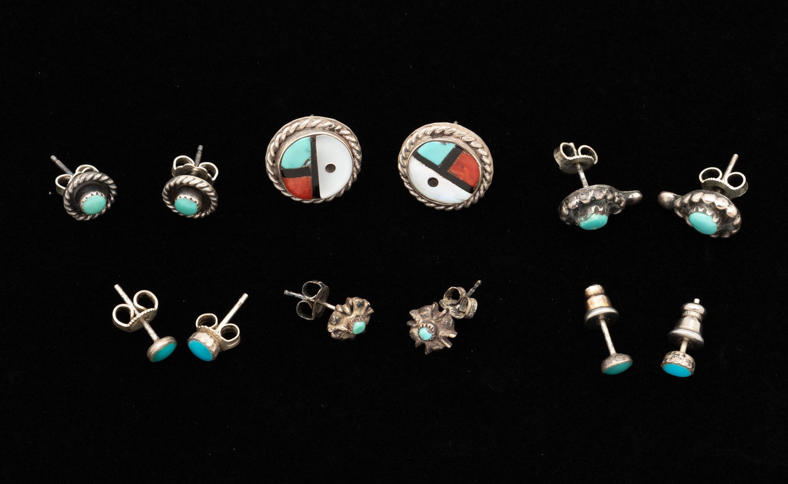 6 Pairs Native American Sterling & Turquoise Studs (1 of 13)