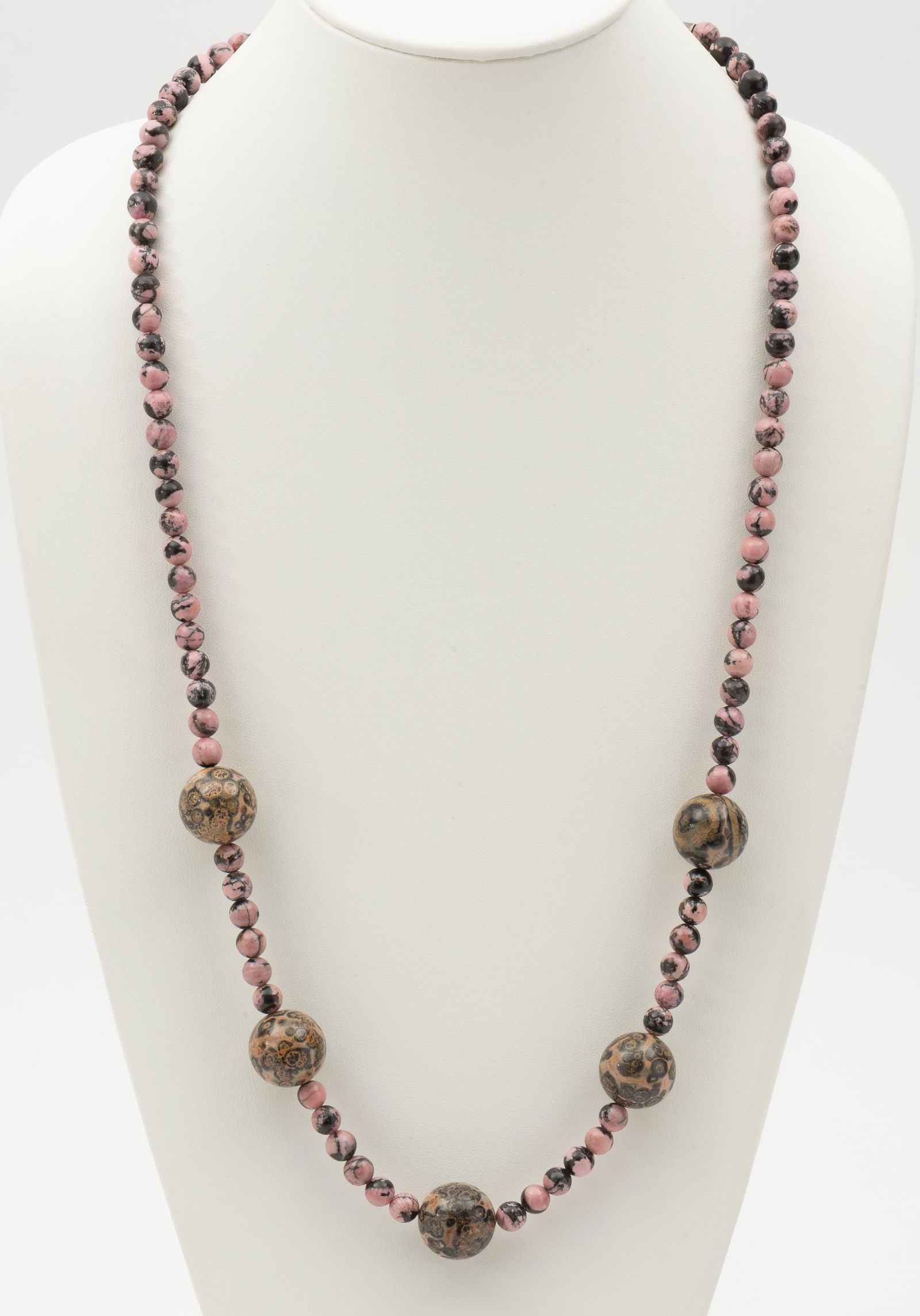 Leopard and Pink Jasper Bead Necklace: Sterling terminals. 32-1/4" long. Beads 7.5 mm and 20 mm. IMPORTANT: Before bidding, please read the terms and conditions. When you registered for the auction you agreed to these terms and will be req