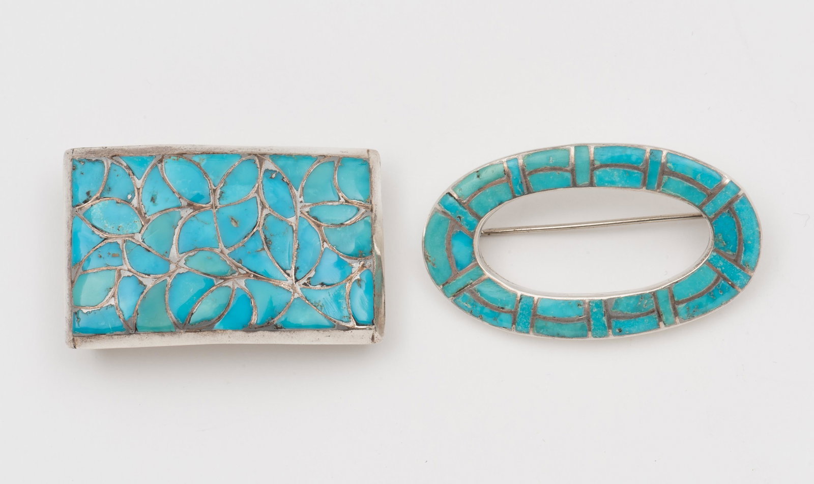 Native American Turquoise Buckle & Brooch: Buckle 1-3/4" wide. Brooch 1-7/8" wide. IMPORTANT: Before bidding, please read the terms and conditions. When you registered for the auction you agreed to these terms and will be required to comply wi