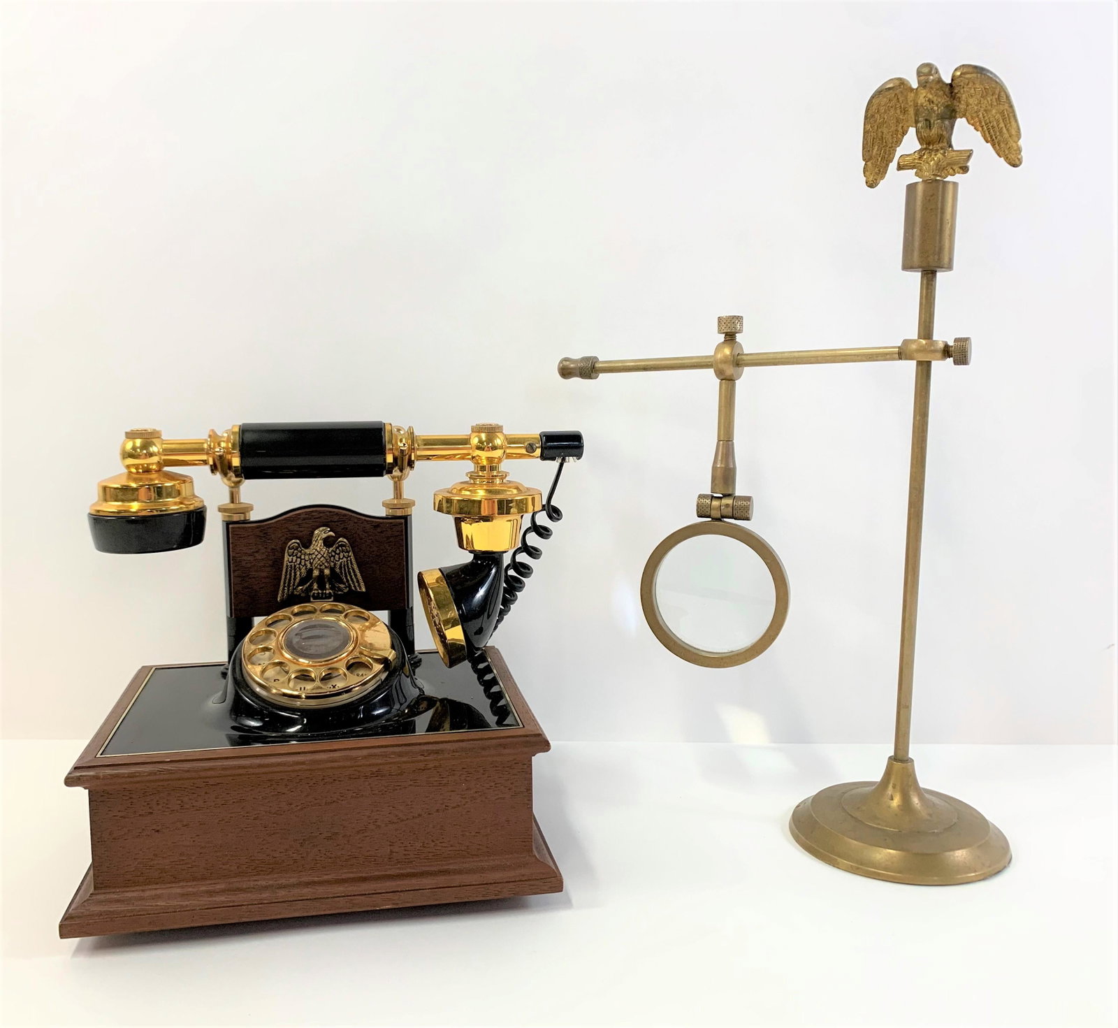 Eagle Crest Phone & Magnifying Glass: Phone: 9” high x 8-1/2” long x 6-3/4” deep. Magnifying glass stand: 16-1/4” high x 4-1/2” diameter at base. Glass itself is 3-1/4” diameter. IMPORTANT: Before bidding, please read the term
