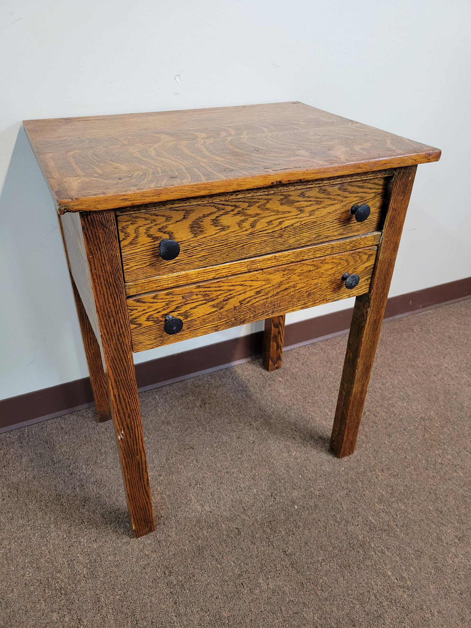 Two Drawer Work Table: 24" wide X 18" deep X 30" high. IMPORTANT: Before bidding, please read the terms and conditions. When you registered for the auction you agreed to these terms and will be required to comply with them.