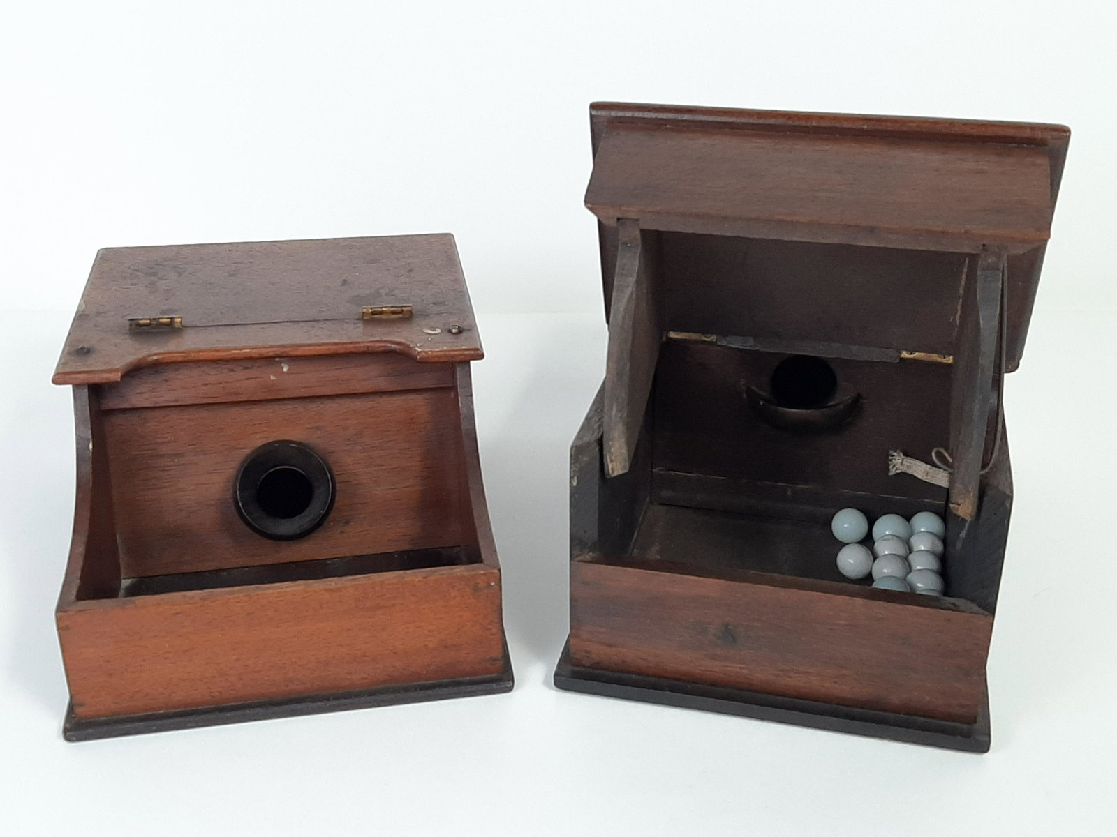 2 Antique Blackballing Boxes: 6" to 6-1/4" wide X 13" to 14-1/2" deep X 4" to 4-1/4" high. IMPORTANT: Before bidding, please read the terms and conditions. When you registered for the auction you agreed to these terms and will be 