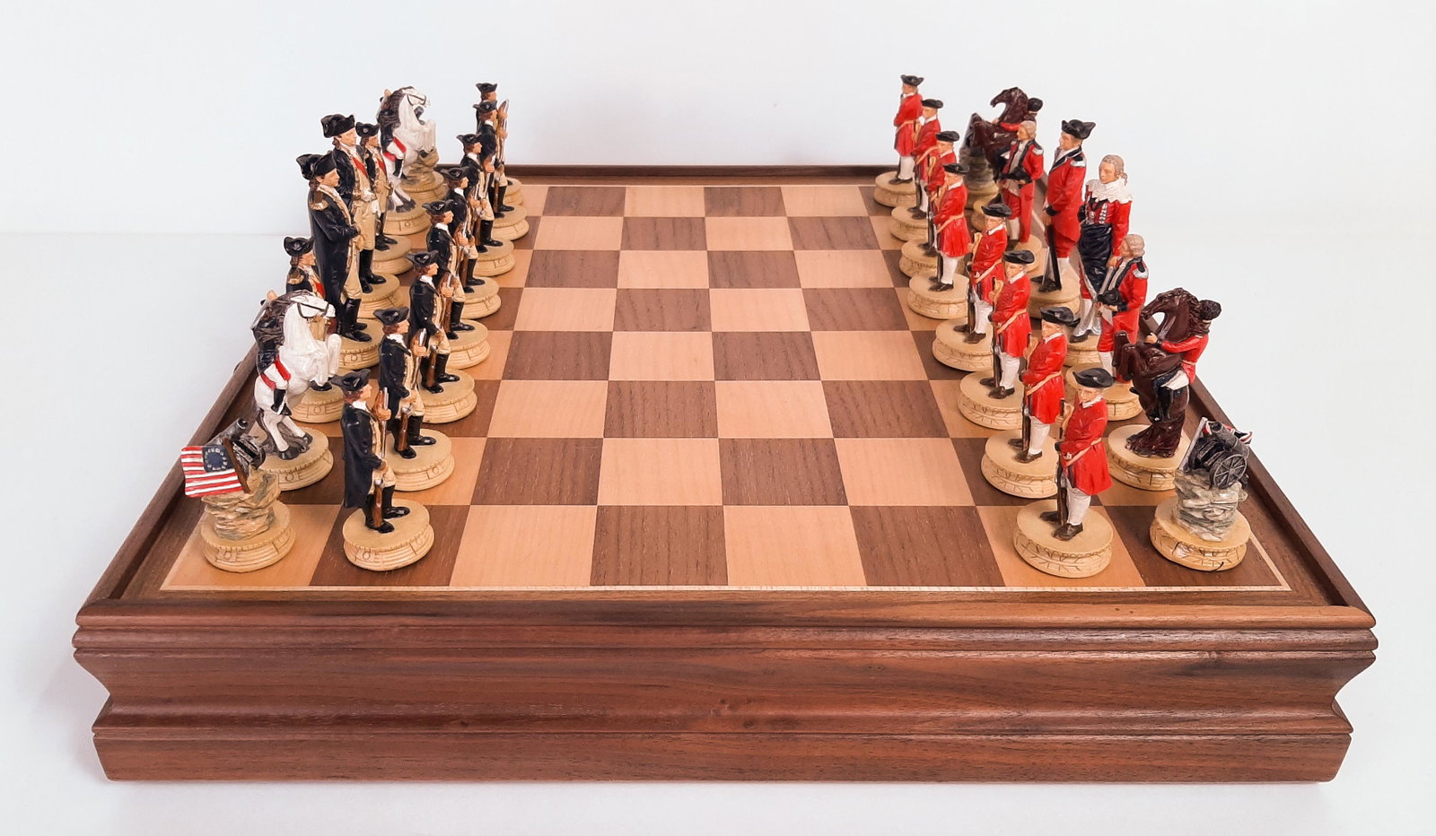 Revolutionary War Chess Set: Copyright 2001 by W.U.I. Board: 15" square X 3" high. IMPORTANT: Before bidding, please read the terms and conditions. When you registered for the auction you agreed to these terms and will be require