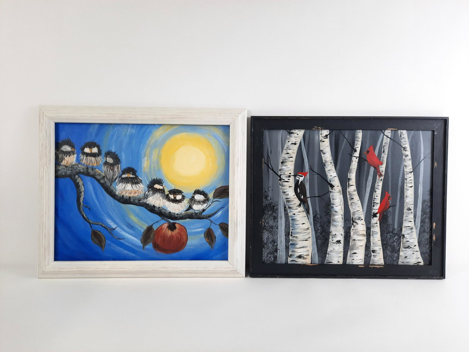 2 SAM Bird Paintings: Overall with frames 18-3/4" to 19-3/4" high x 22-1/2" to 23-1/2" wide. Some paint losses to frame. IMPORTANT: Before bidding, please read the terms and conditions. When you registered for the auction 