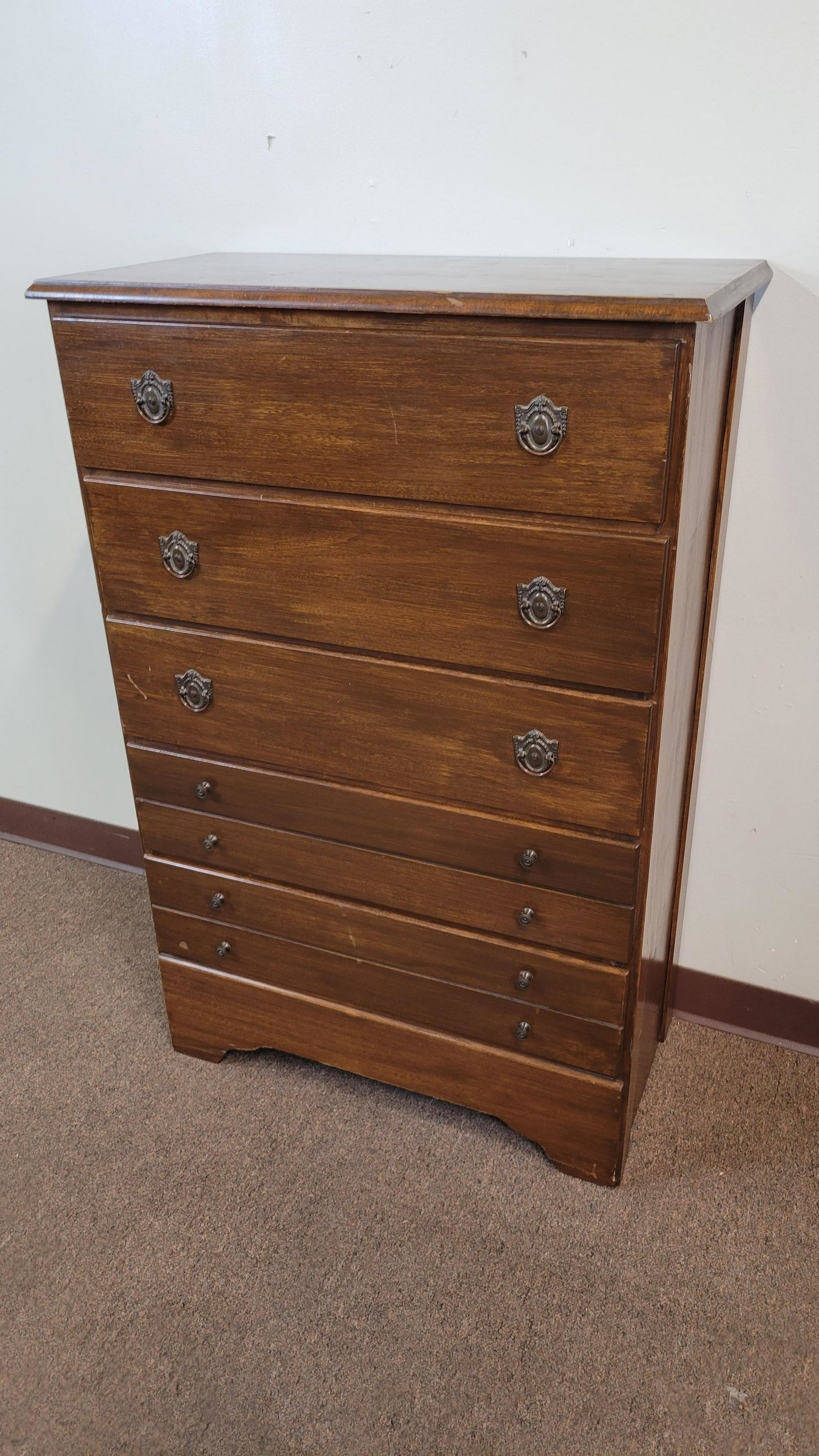 Five Drawer Tall Chest: 29 1/2" wide X 15" deep X 45" high. IMPORTANT: Before bidding, please read the terms and conditions. When you registered for the auction you agreed to these terms and will be required to comply with t