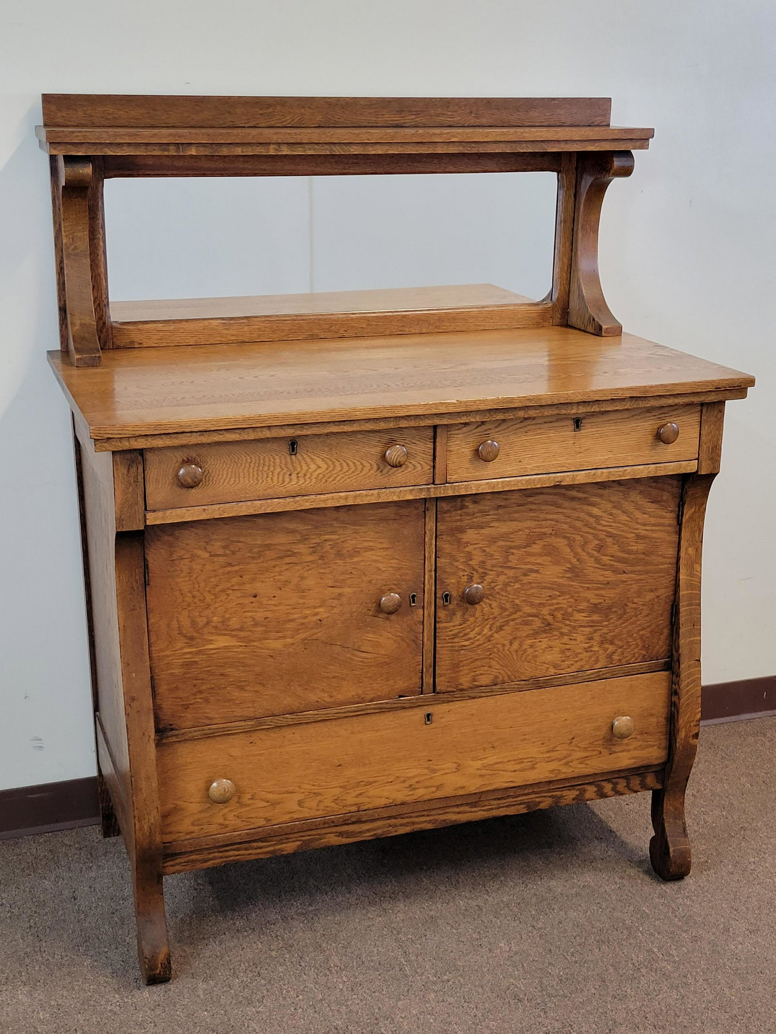 Mirror Back Sideboard: 42" wide X 10 1/4" deep X 54 1/2" high. IMPORTANT: Before bidding, please read the terms and conditions. When you registered for the auction you agreed to these terms and will be required to comply wi