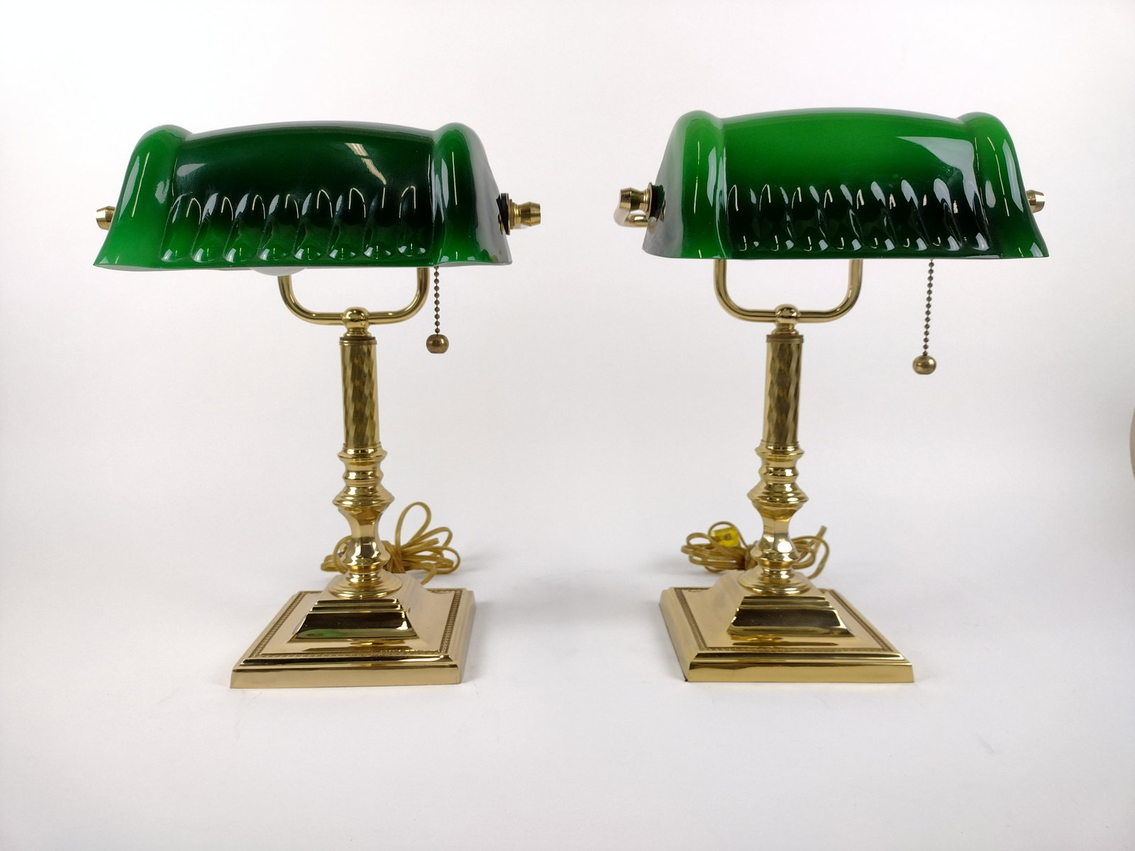 Pair Bankers Lamps: Working. No makers mark. 14" to 14-1/2" high x 6" square base. IMPORTANT: Before bidding, please read the terms and conditions. When you registered for the auction you agreed to these terms and will b