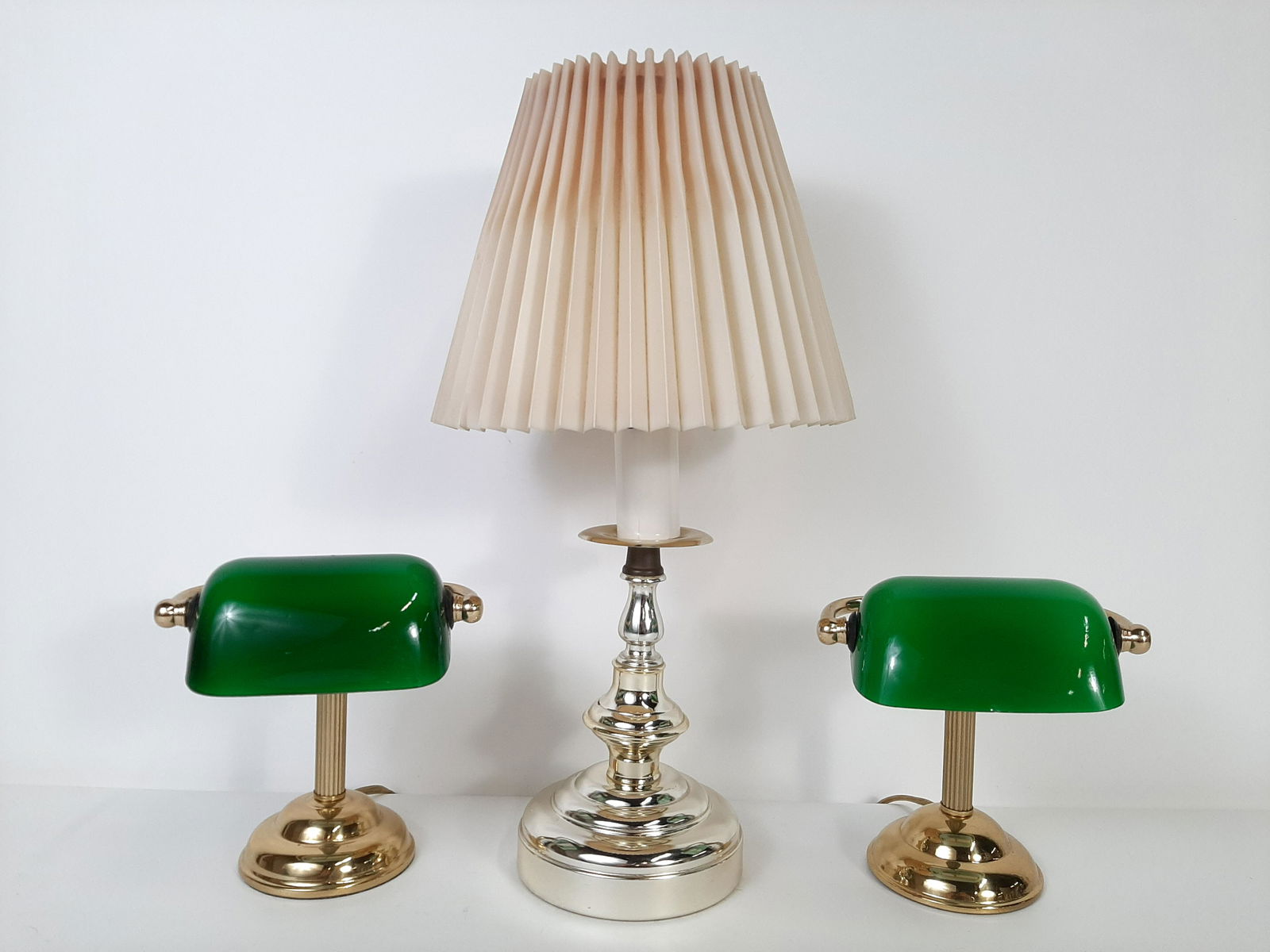 Chrome Table Lamp and Pr Miniature Banker's Lamps (1 of 3)