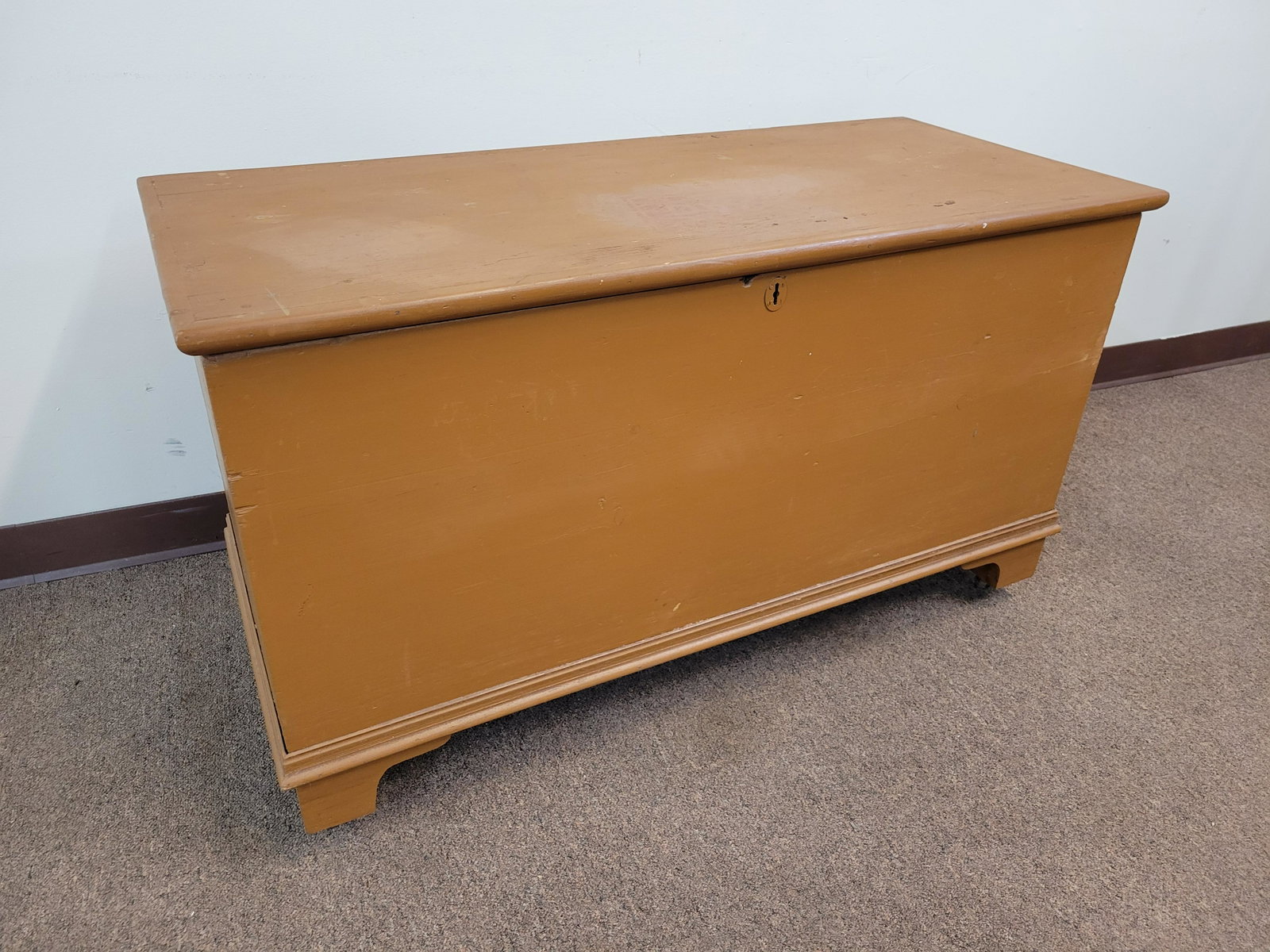 Blanket Chest: 43 1/4" wide X 19 1/4" deep X 25" high. Has scratches and discoloring to top. IMPORTANT: Before bidding, please read the terms and conditions. When you registered for the auction you agreed to these t