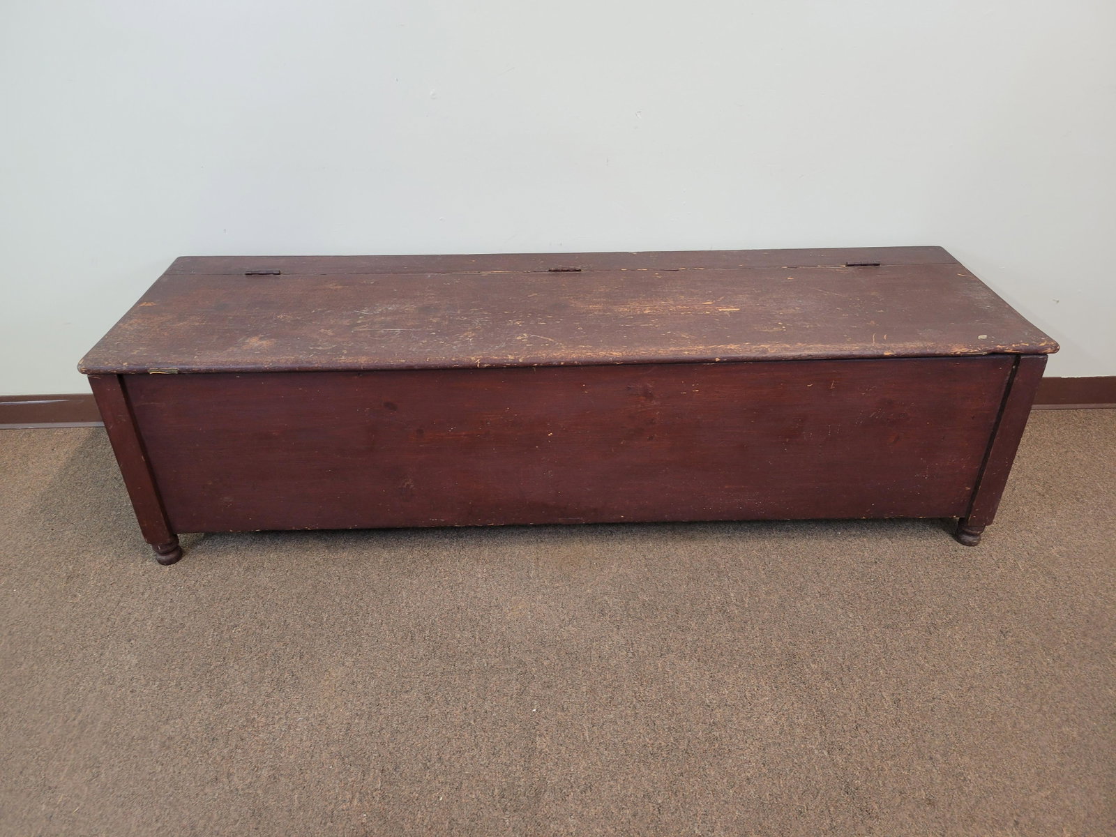Primative Wood Chest: 74" wide X 21 1/2" deep X 20" high. IMPORTANT: Before bidding, please read the terms and conditions. When you registered for the auction you agreed to these terms and will be required to comply with t