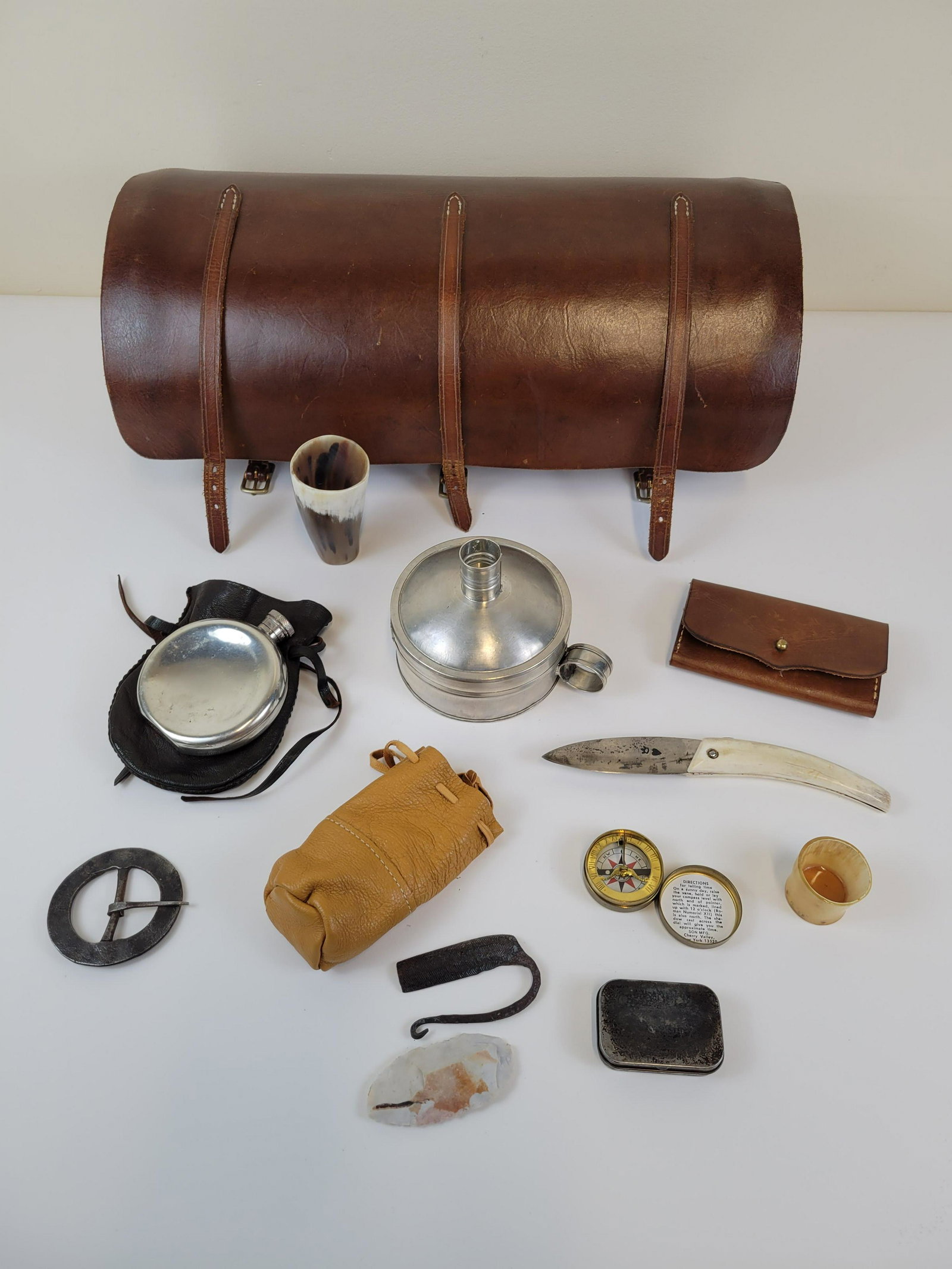 Re-enactors Camp Kit: Leather bag, tinderbox, candle, flask, bone knife, horn cups, tinder bag, buckle, extra flints, compass. IMPORTANT: Before bidding, please read the terms and conditions. When you registered for the au