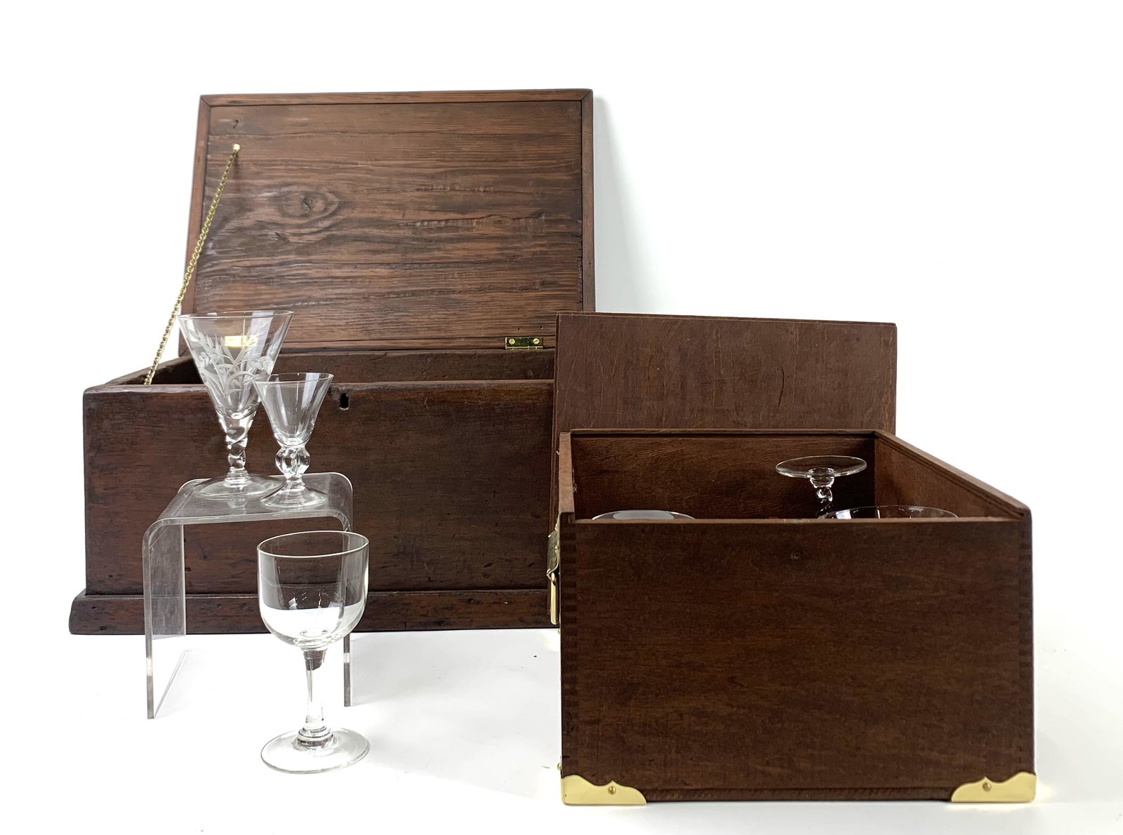 2 Travel Glassware Boxes: Includes four etched julep glasses, four shrub glasses, and four wine glasses. 6” high x 10” wide x 11” deep. 8-1/4” high x 17” wide x 11-1/2” deep. IMPORTANT: Before bidding, please read 